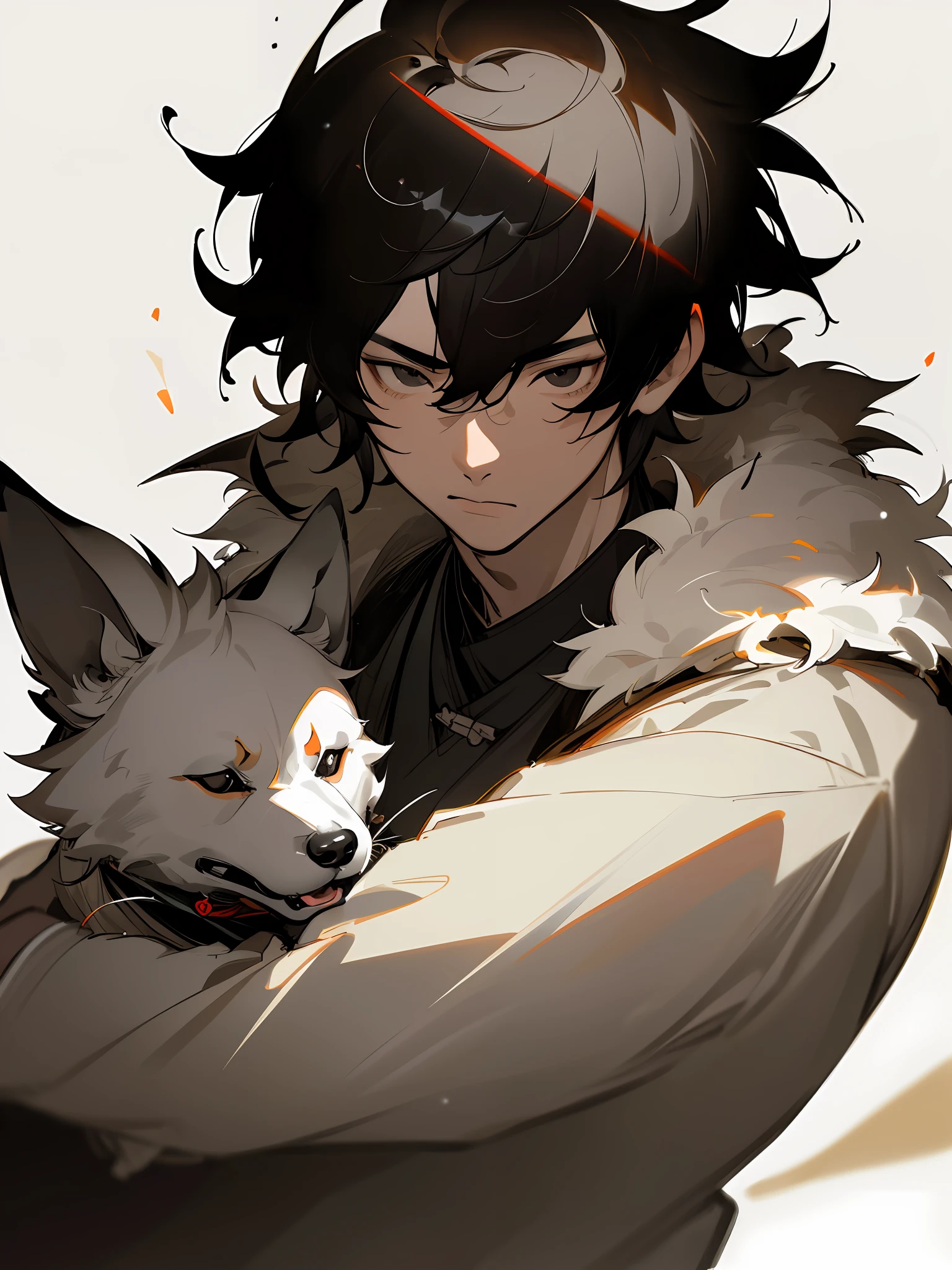 Masterpiece, best quality, (Chinese ink painting), (illustration), (1 man), ((cute boyish behind a dog)), Chinese style, (ancient chinese male), (russ mills style), (short hair), (messy hair), (white skin), (black eye), cute, (fur white clothing), tang dynasty, dark grey, hiroshi yoshida, (close-up), (grand background), (chiaroscuro),fine facial details, facial details,cinematic lighting, (depth of field),UHD, (upper body)