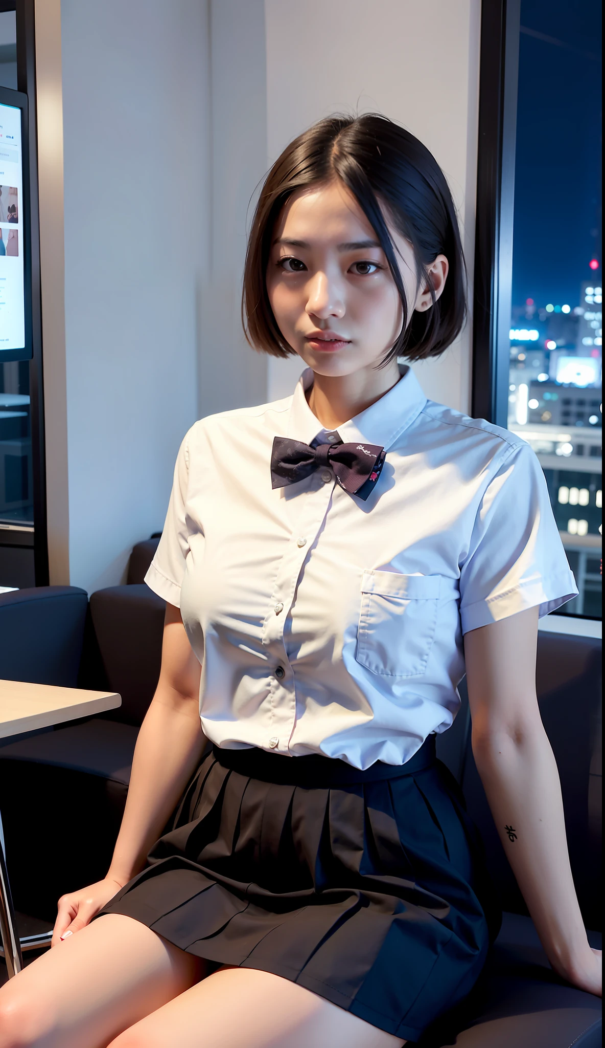 arafed asian woman sitting on a couch in a room with a city view, japanese girl school uniform, seifuku, jk uniform, japanese school uniform, wearing japanese school uniform, wearing a shirt with a tie, girl wearing uniform, wearing in shirt, cute schoolgirl, wearing school uniform, sakimichan, a hyperrealistic schoolgirl, realistic schoolgirl