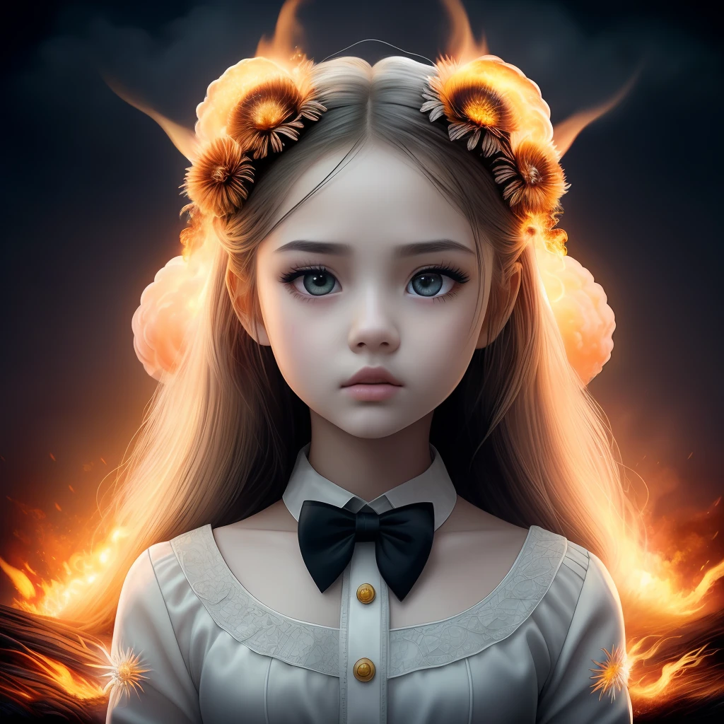 masterpiece,best quality, illustration,{beautiful detailed girl},beautiful detailed glow,(flames of war:1.2),(nuclear explosion behide:1.3),rain,detailed lighting,detailed water,(beautiful detailed eyes:1.1),expressionless,palace,azure hair,disheveled hair,long bangs,hairs between eyes,(whitegrey dress:1.1),black ribbon,white bowties,midriff,big forhead,blank stare,flower,long sleeves