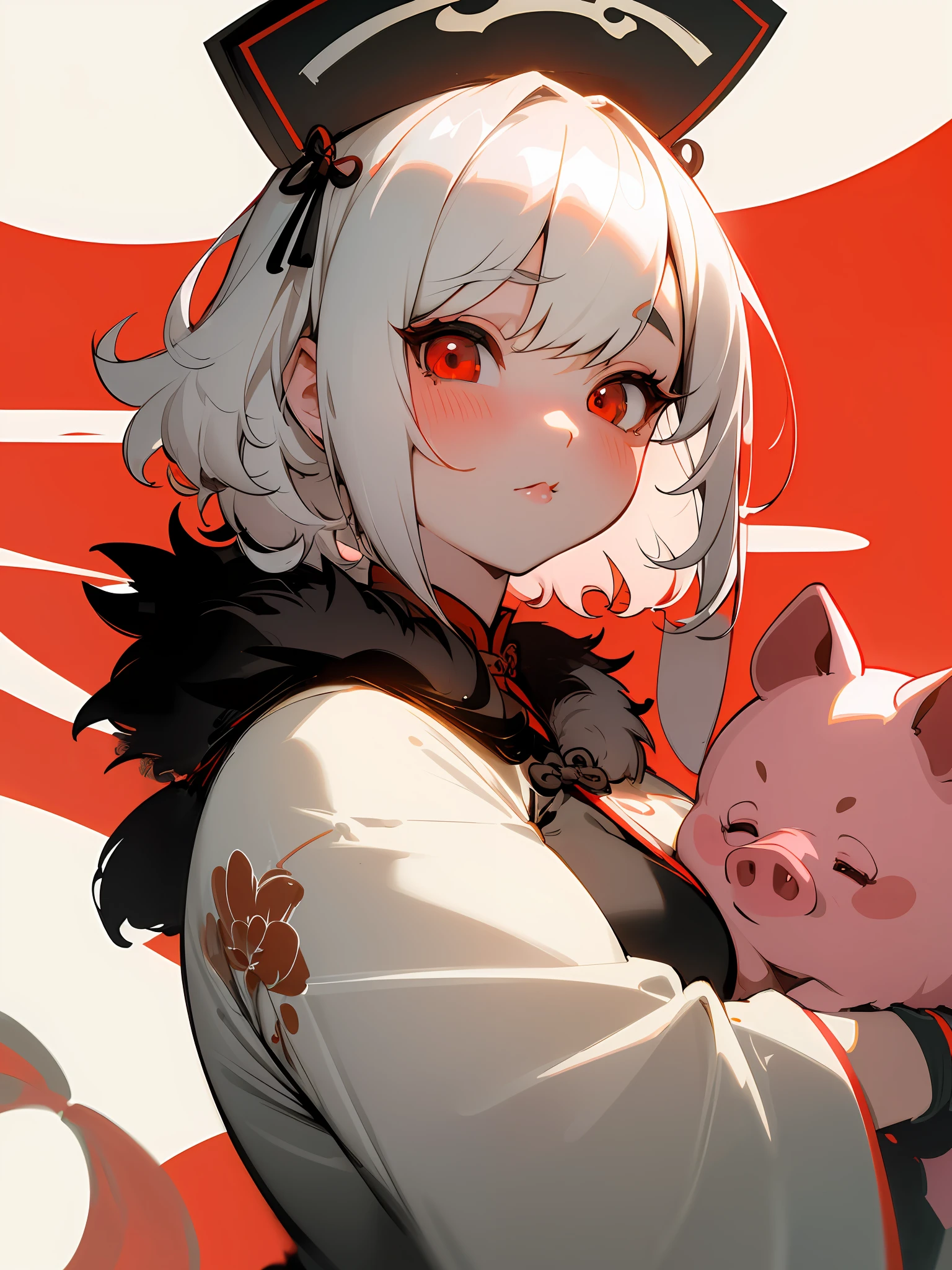 Masterpiece, best quality, (Chinese ink painting), (illustration), (1 famale), ((cute girl behind a pig)), girly, chubby, Chinese style, (ancient china), (russ mills style), white hair, (short hair), (dango curls hair), (white skin), (red eye), cute, curvy body, (fur dress), dark grey, hiroshi yoshida, (close-up), (grand background), (chiaroscuro),fine facial details, facial details,cinematic lighting, (depth of field),UHD, (upper body)