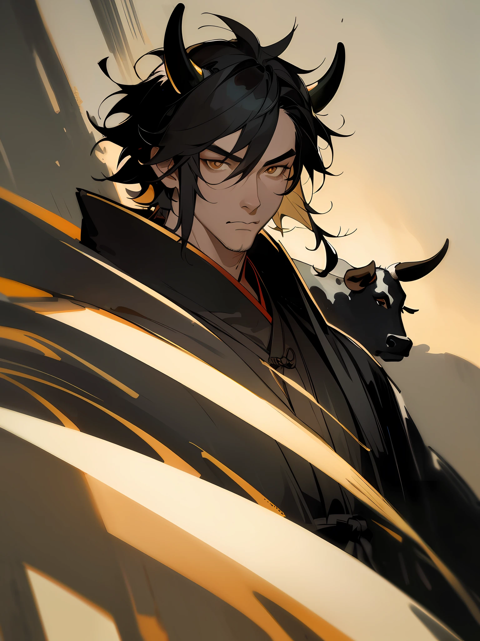 Masterpiece, best quality, (Chinese ink painting), (illustration), (1 man), (mature man),((behind a cow)), (a cow), Chinese style, (ancient chinese male), (russ mills style), cloak, (short hair), (messy hair), (black skin), (golden eye), handsome, robust, horn decoration, (black clothing), tang dynasty, dark grey, hiroshi yoshida, (close-up), (chiaroscuro),fine facial details,cinematic lighting, (depth of field),UHD, (upper body)