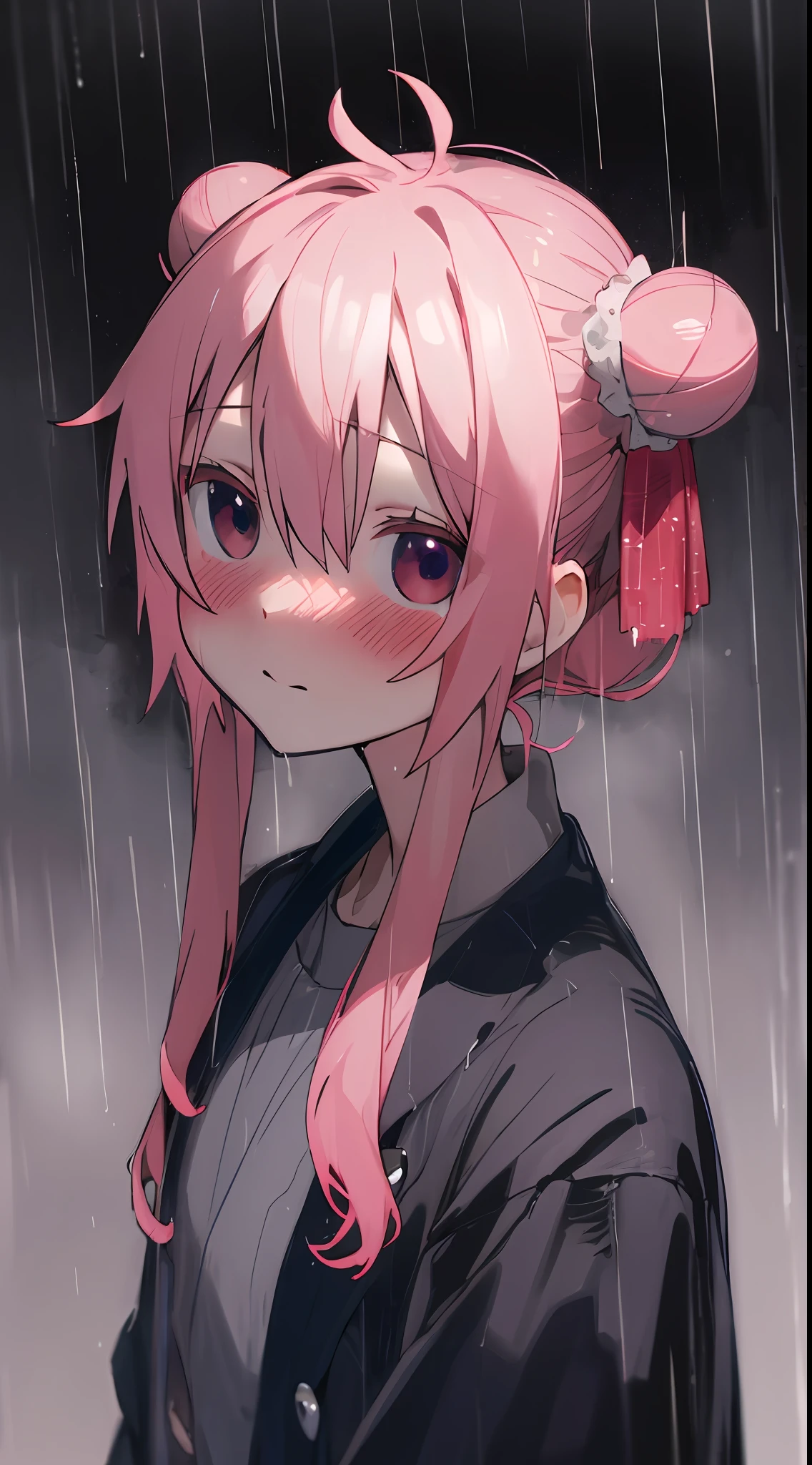 Satou, happy, blushing, distant view, portrait, raining, outside, wet clothes, emotionless, expressionless, dreary atmosphere, sad atmosphere, hair buns, in color