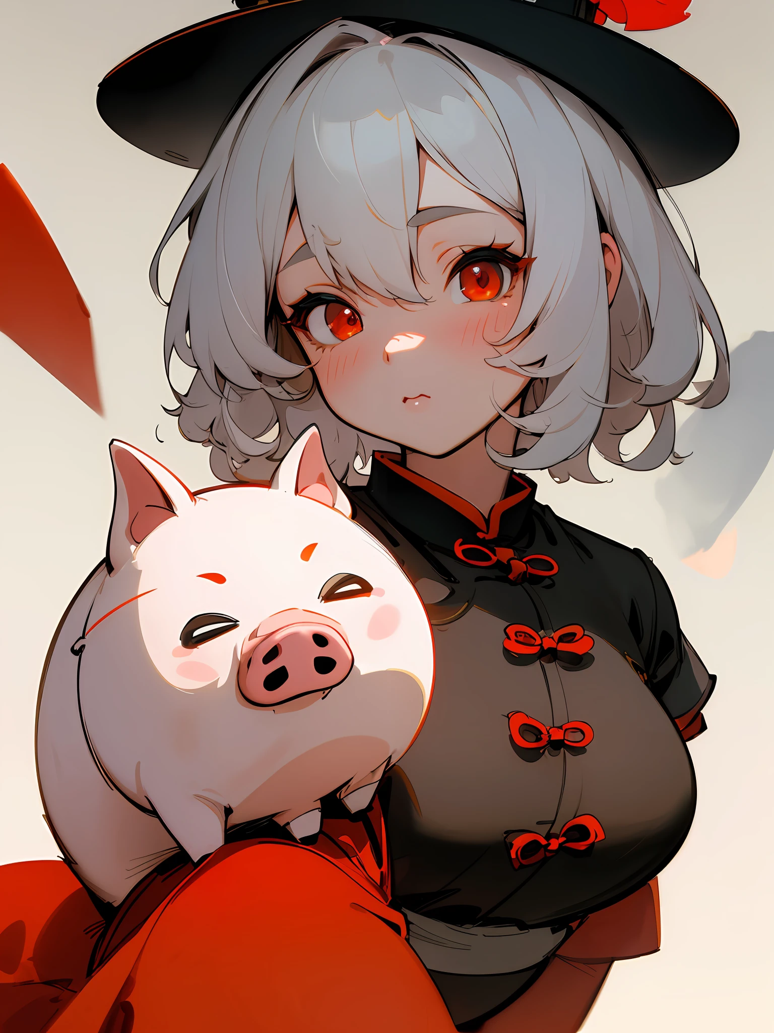 Masterpiece, best quality, (Chinese ink painting), (illustration), (1 famale), ((cute girl behind a pig)), girly, chubby, Chinese style, (ancient china), (russ mills style), white hair, (short hair), (dango curls hair), (white skin), (red eye), cute, curvy body, (fur dress), dark grey, hiroshi yoshida, (close-up), (grand background), (chiaroscuro),fine facial details, facial details,cinematic lighting, (depth of field),UHD, (upper body)