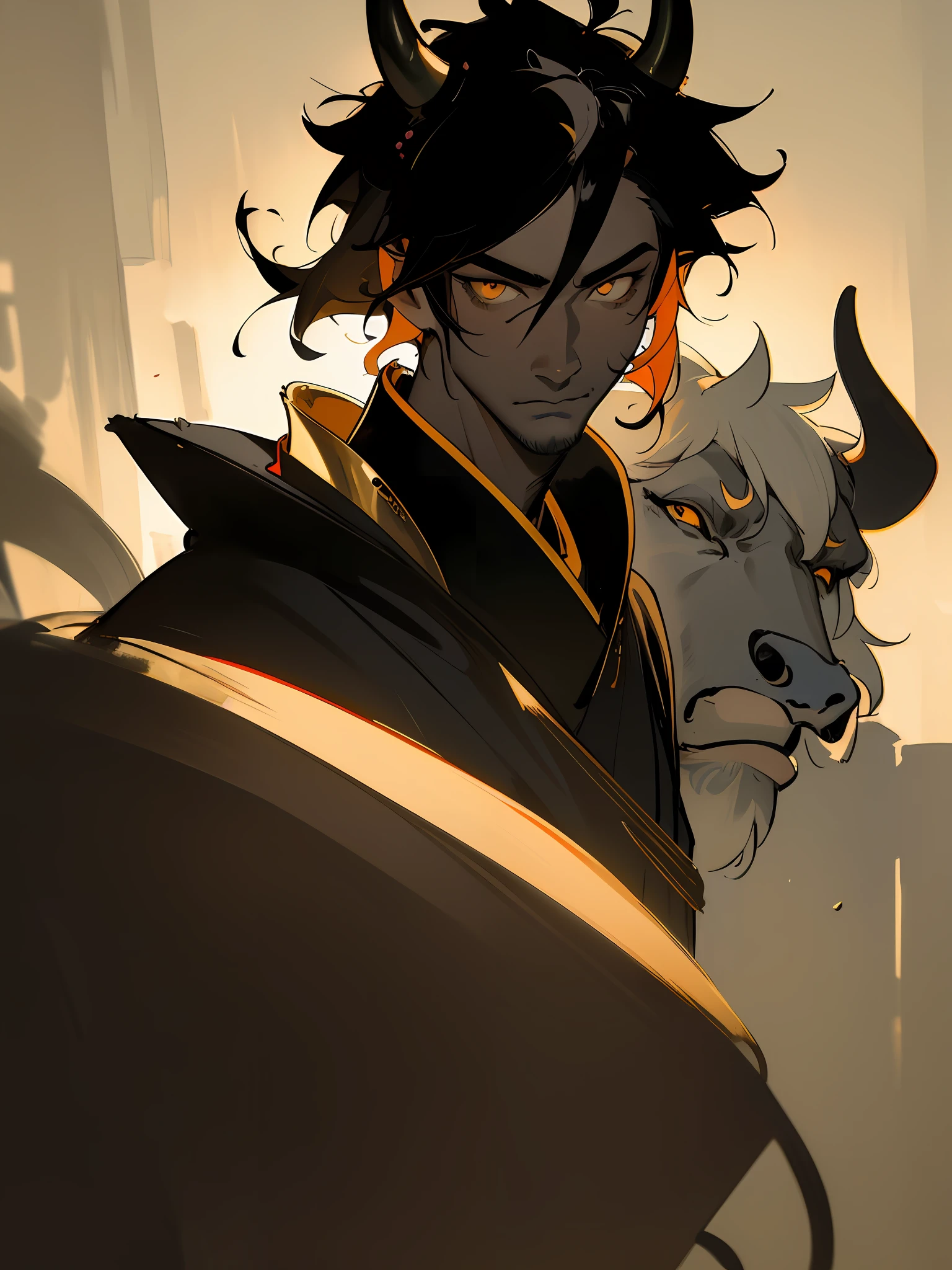 Masterpiece, best quality, (Chinese ink painting), (illustration), (1 man), (mature man),((behind a cow)), (a cow), Chinese style, (ancient chinese male), (russ mills style), nose ring, (short hair), (messy hair), (black skin), (golden eye), handsome, robust, horn decoration, (black clothing), tang dynasty, dark grey, hiroshi yoshida, (close-up), (chiaroscuro),fine facial details,cinematic lighting, (depth of field),UHD, (upper body)