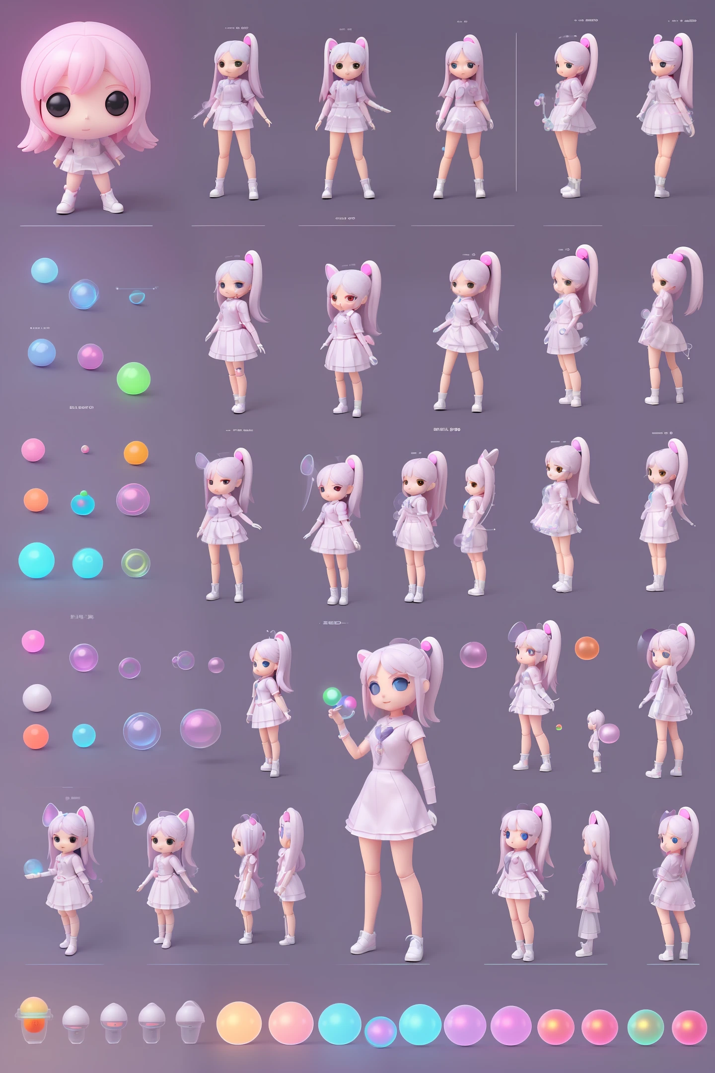 The full body 3d artwork of super cute girl, 1 girl, good-looking eyes, big eyes , cute, happy, c4d,pop Matt Blind Box, , glowing bubbles, toys,solid color background, chibi, fluorescent translucent, glowing body,kawaii, doll, T pose, reference sheet, pop mart blind box, Pixar,complex details, 3d render, blender, OC renderer, foll body reference sheet, dribble, high details, 8k, studio lighting,, petite, child, chibi, sd character:1.1