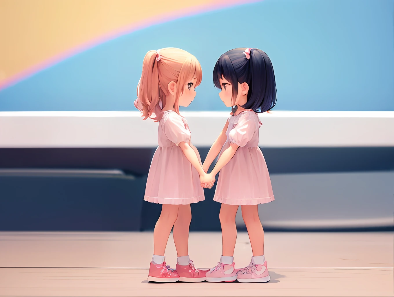 ((best quality)), ((ultradetailed)), ((masterpiece)), illustration, scene: two sisters holding hands, theme: children's goods store, character: one and sisters, appearance: each one wearing a new pair of sneakers, other scene elements: rainbow background behind the character, perspective: cute kawaii 3D style, minimalist illustration, vector, logo, white background, 3D flat, centered, resolution: 4K.