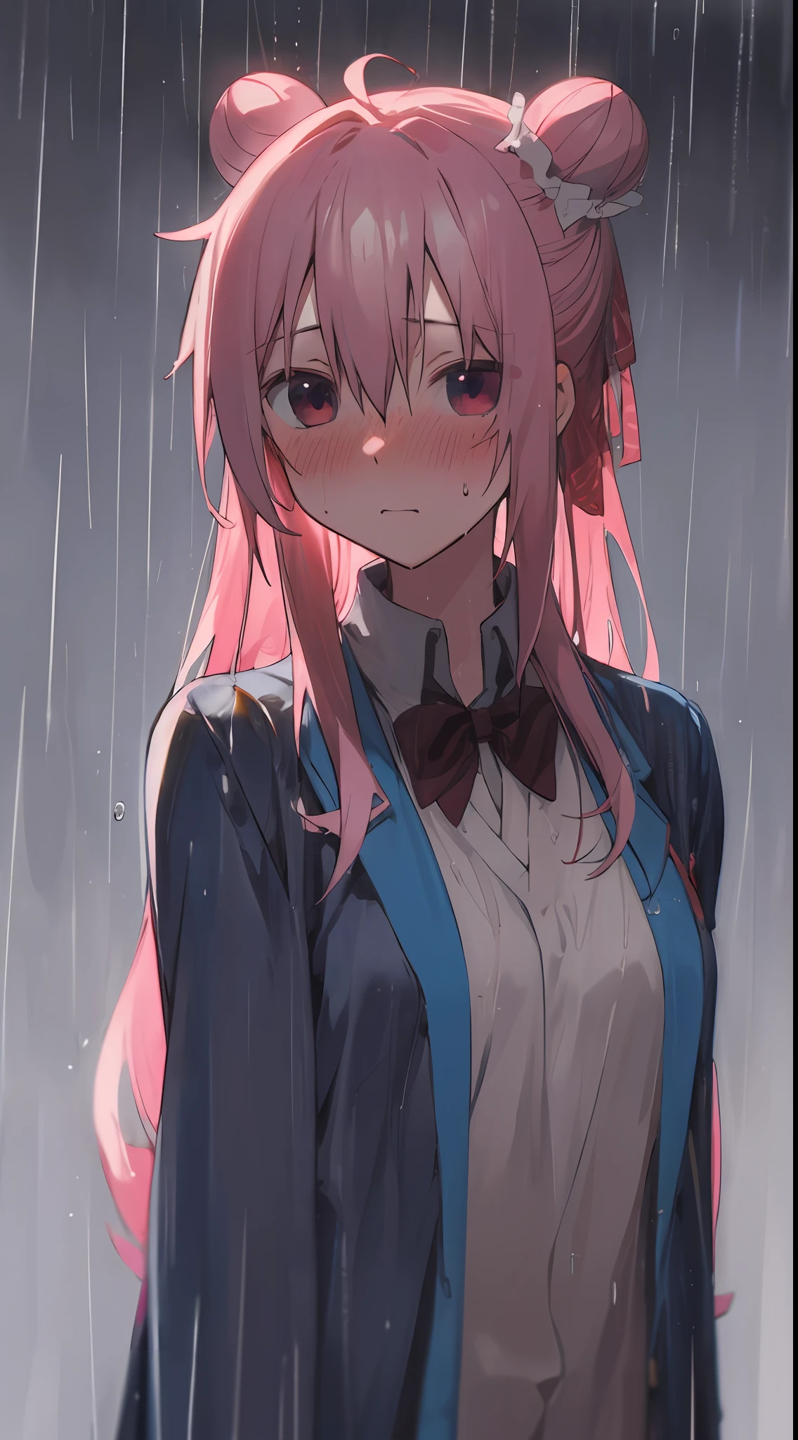 Satou, happy, blushing, distant view, portrait, raining, outside, wet clothes, emotionless, expressionless, dreary atmosphere, sad atmosphere, hair buns, in color, high school uniform, long hair