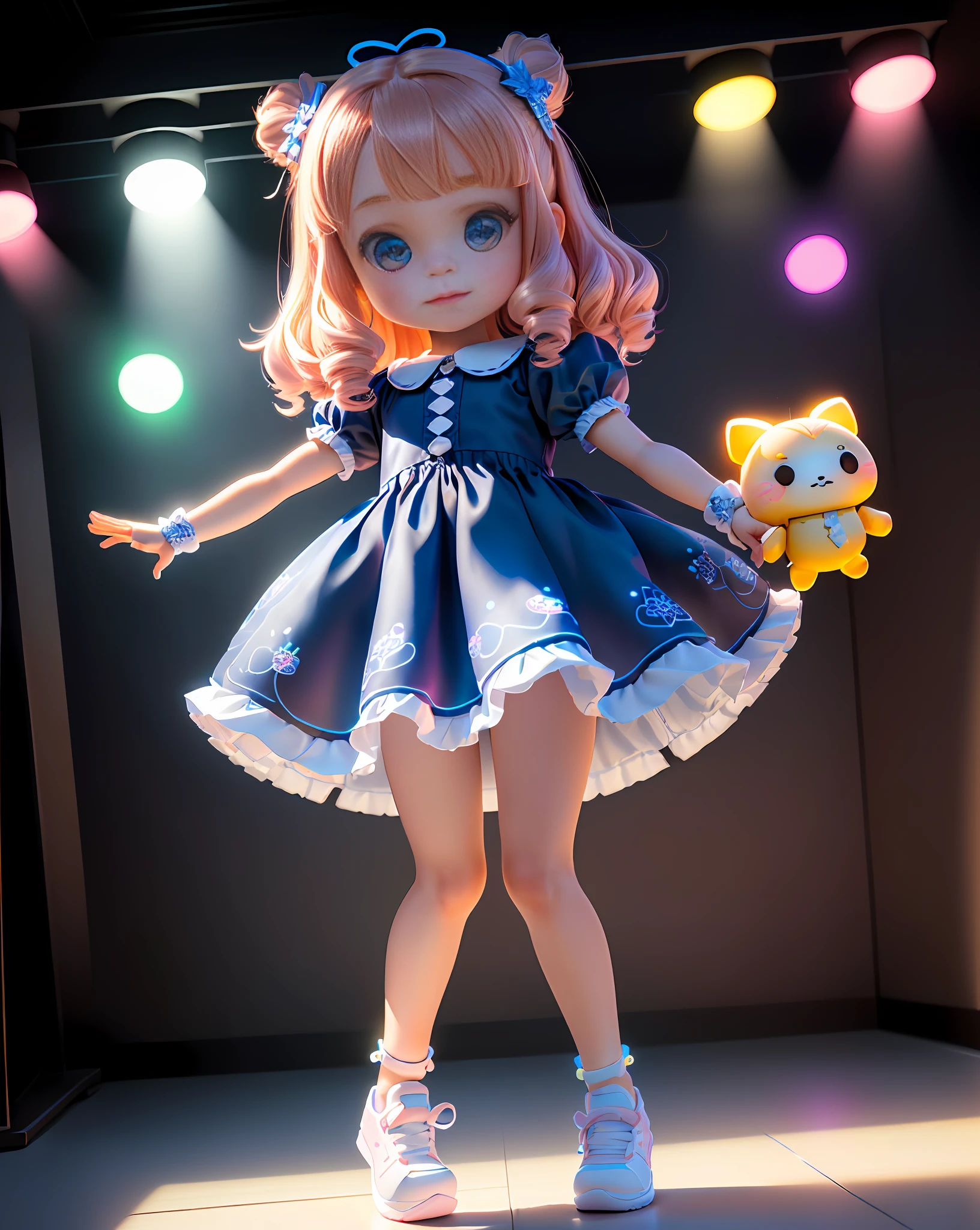 ((best quality)), ((ultradetailed)), ((masterpiece)), Super cute girl's full body 3D art, 1 girl, pretty eyes, big eyes, cute, happy, c4d, pop Matt Blind Box, glowing bubbles, toys, solid color background, chibi, fluorescent translucent, glowing body, kawaii, doll, T pose, reference sheet, pop mart blind box, Pixar, intricate detail, 3d rendering, blender, OC renderer, sheet reference foll body, dribble, high detail, 8k, studio lighting, , petite, child, chibi , character SD:1.1, resolution: 4K.