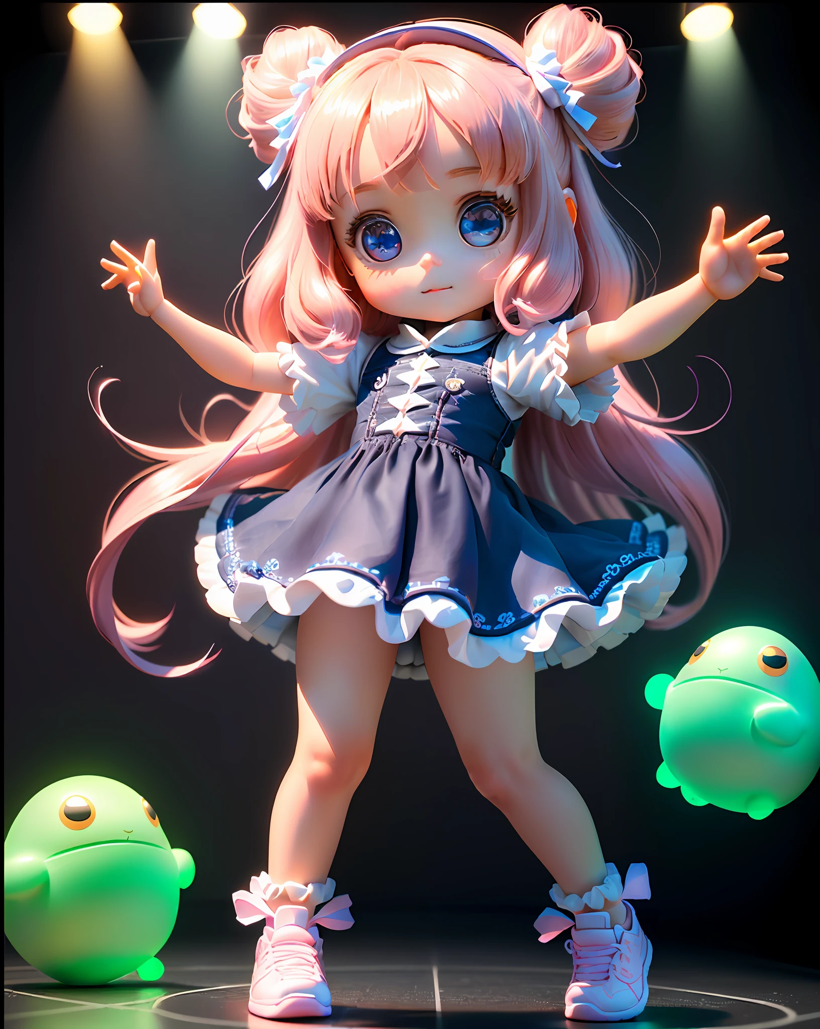 ((best quality)), ((ultradetailed)), ((masterpiece)), Super cute girl's full body 3D art, 1 girl, pretty eyes, big eyes, cute, happy, c4d, pop Matt Blind Box, glowing bubbles, toys, solid color background, chibi, fluorescent translucent, glowing body, kawaii, doll, T pose, reference sheet, pop mart blind box, Pixar, intricate detail, 3d rendering, blender, OC renderer, sheet reference foll body, dribble, high detail, 8k, studio lighting, li, pee, childbi , character SD:1.1, resolution: 4K.