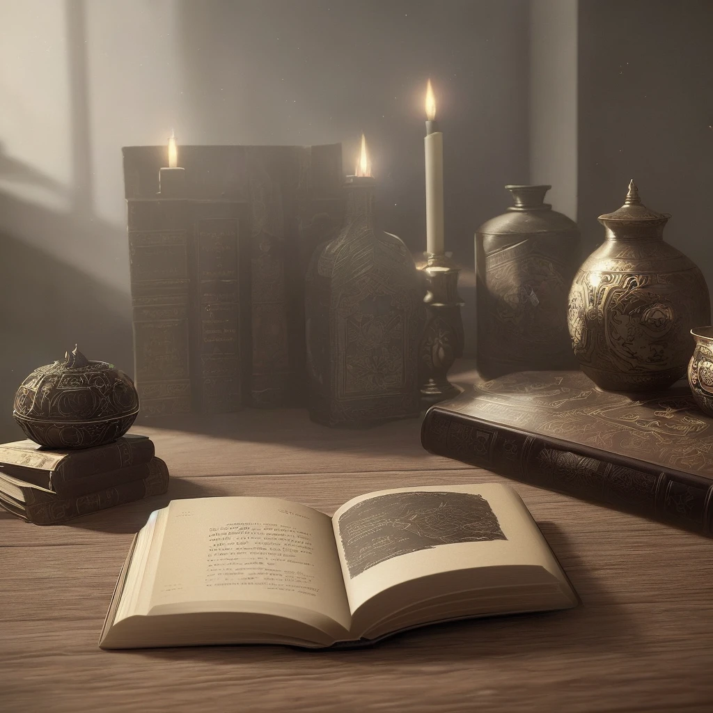 unreal engine, 8k, real textures, realistic, masterpiece, real lighting and shadows, ((little magic book, old, mysterious, magic)), library, dark and sad environment