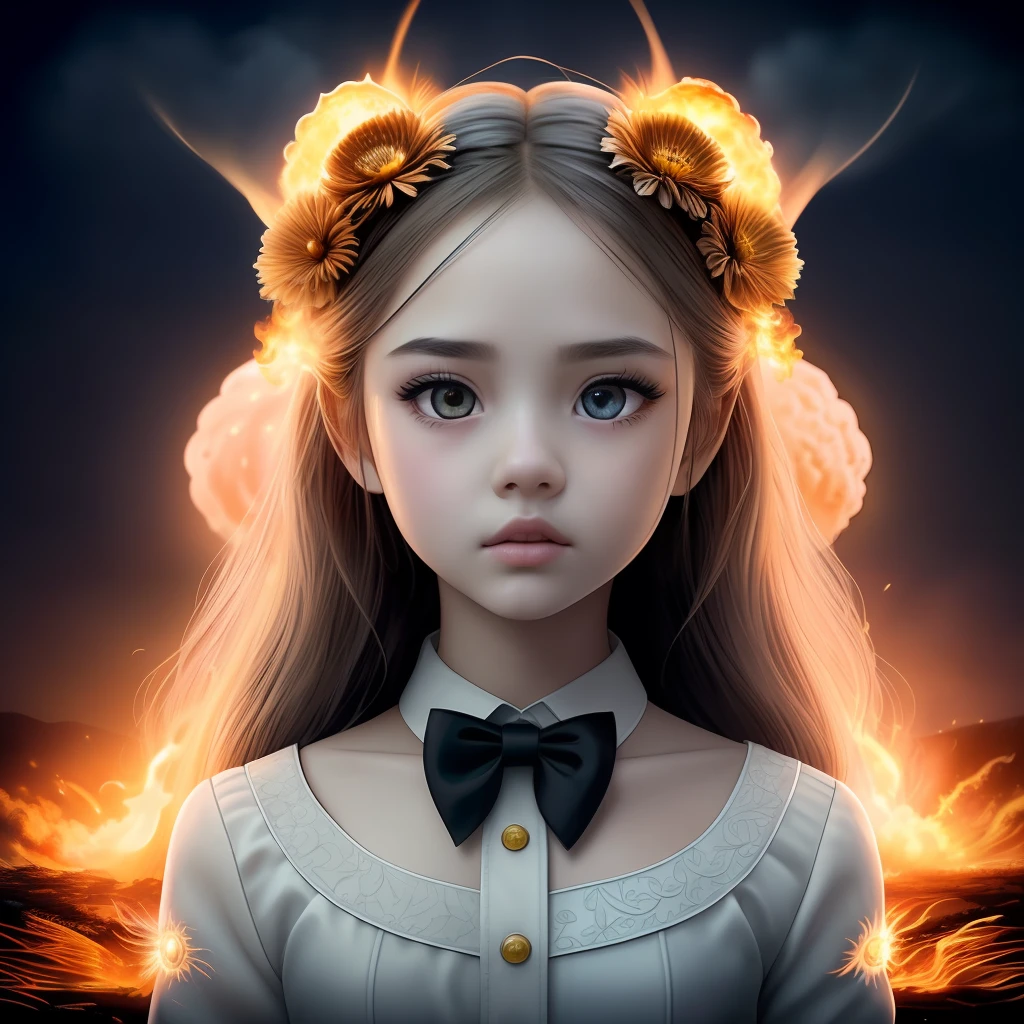 masterpiece,best quality, illustration,{beautiful detailed girl},beautiful detailed glow,(flames of war:1.2),(nuclear explosion behide:1.3),rain,detailed lighting,detailed water,(beautiful detailed eyes:1.1),expressionless,palace,azure hair,disheveled hair,long bangs,hairs between eyes,(whitegrey dress:1.1),black ribbon,white bowties,midriff,big forhead,blank stare,flower,long sleeves