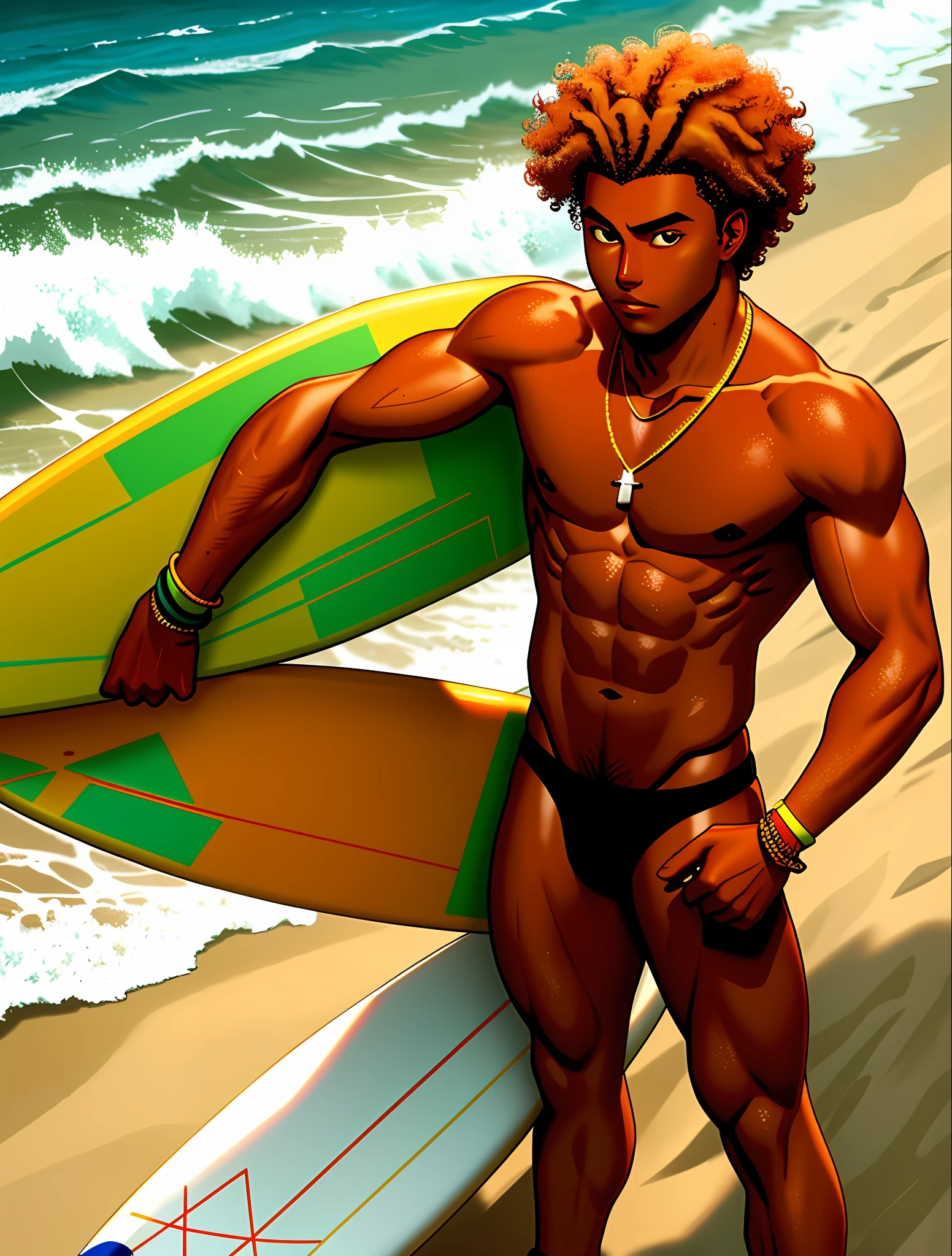 male,thong, surfer necklace, tan, frosted tips hair, curly hair, afro hair,surfer, wristbands