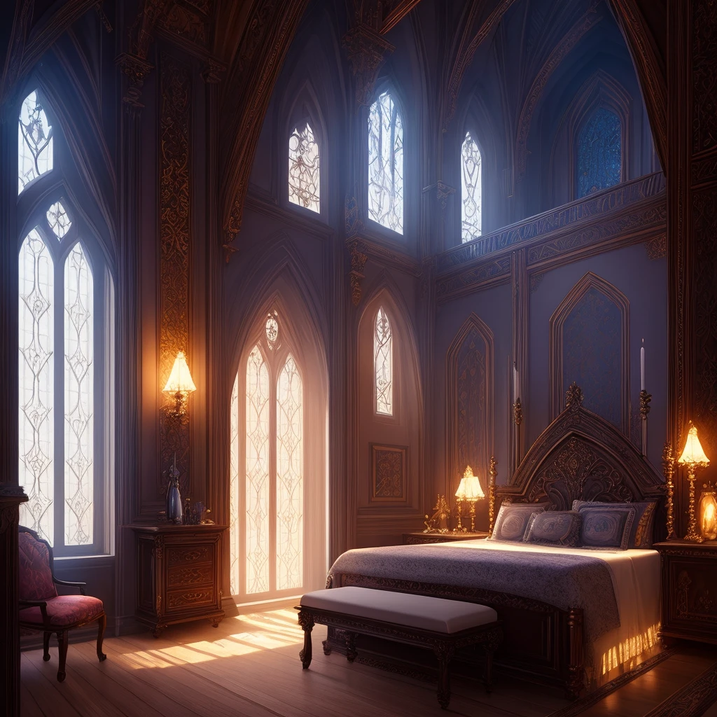 intricate details, magic medieval castle bedroom fantasy, grim, dark, ((masterpiece)), art, illustration by Magali Villeneuve, Alayna Lemmer, arhiee, WLOP cinematic lighting, deep color, cinematic,