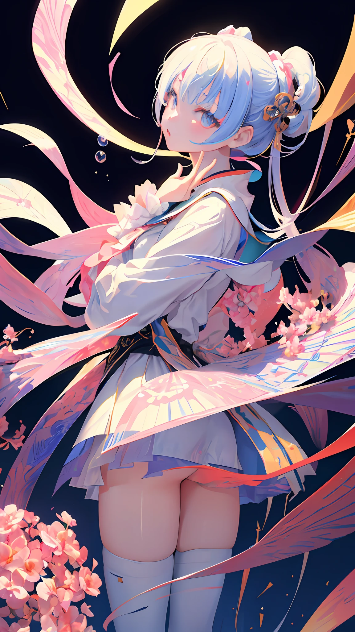 (masterpiece), (best quality), (ultra detailed),(乱发),(illustration), (1girl), (Fashionable clothing), standing,Fashion model, looking at viewer, (interview), (simple background), beautiful detailed eyes,精致美颜,Floating,(高饱和度),(colorful splashs),colorful bubble,(shining),focus on face,