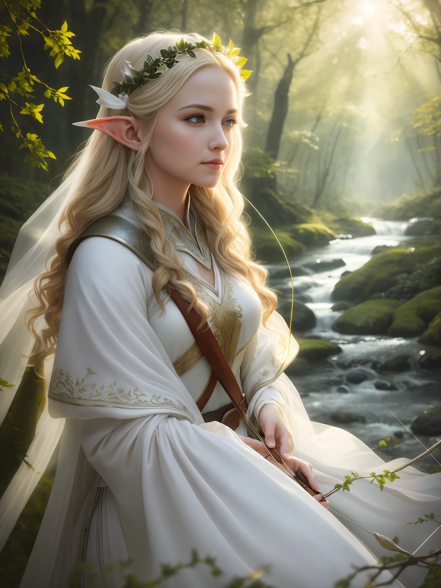 epic closeup photo portrait, amazing movie poster, A beautiful young woman elf, lord of the rings style, dressed in long brightnes white elf smooth cloth , blandishing a bow with an arrow, by side a stream, natural light, a beautiful forest is visible through the branches, trending on artstation,professional photo studio, uhd, hi detailing, dramatic lighting, back light,best quality, high quality, highres, morning dew natural day lighting, studio lighting,detail enhancement, high resolution fix, depth of field, film, lineart, sharpen.