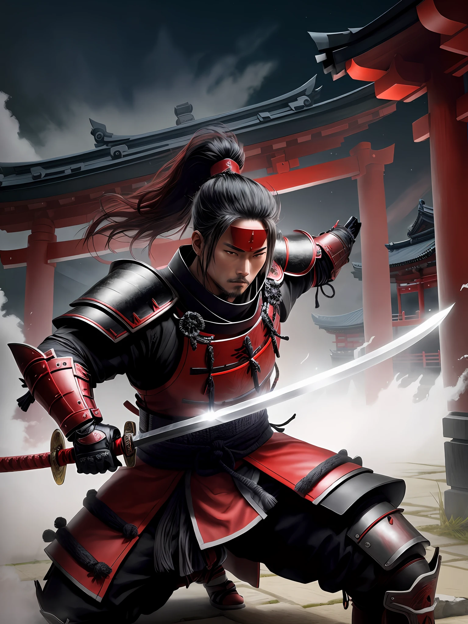 image of a Samurai, with black and red armor, holding a sword, a Japanese temple in the background, at night, fighting position