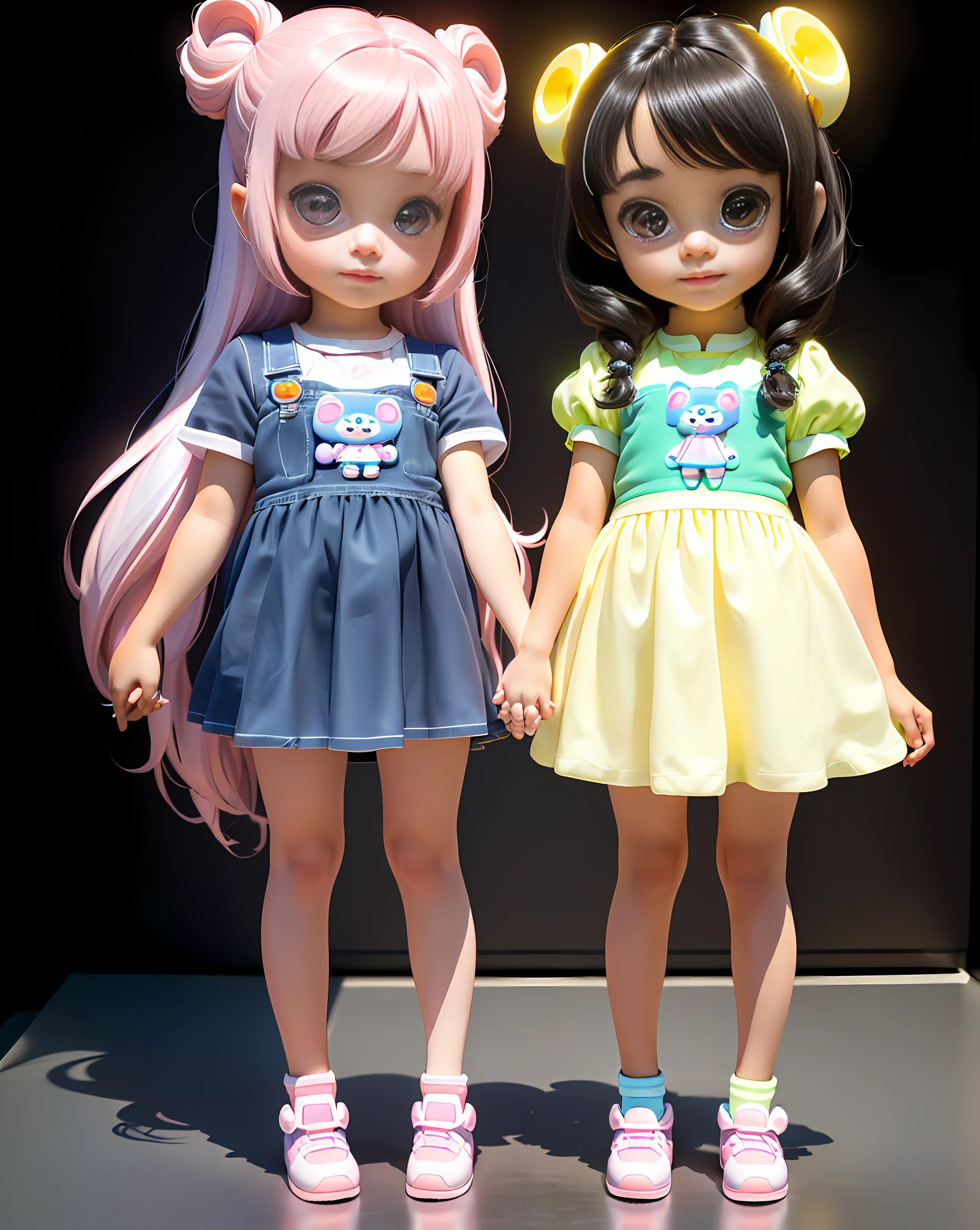 ((best quality)),((ultradetailed)),((masterpiece)), The 3D full body art of two super cute sisters holding hands, one little girl one year old and the other four years old, pretty eyes , big eyes, cute, happy, c4d, pop Matt Blind Box, rainbow, toys, white color background, chibi, fluorescent translucent, glowing body, kawaii, doll, reference sheet, pop mart blind box, Pixar, details complex, body detail with symmetrical anatomy, 3d rendering, blender, OC renderer, foll body reference sheet, dribble, high detail, studio lighting, loli, petite, child, chibi, character SD:1.1, resolution: 8K.