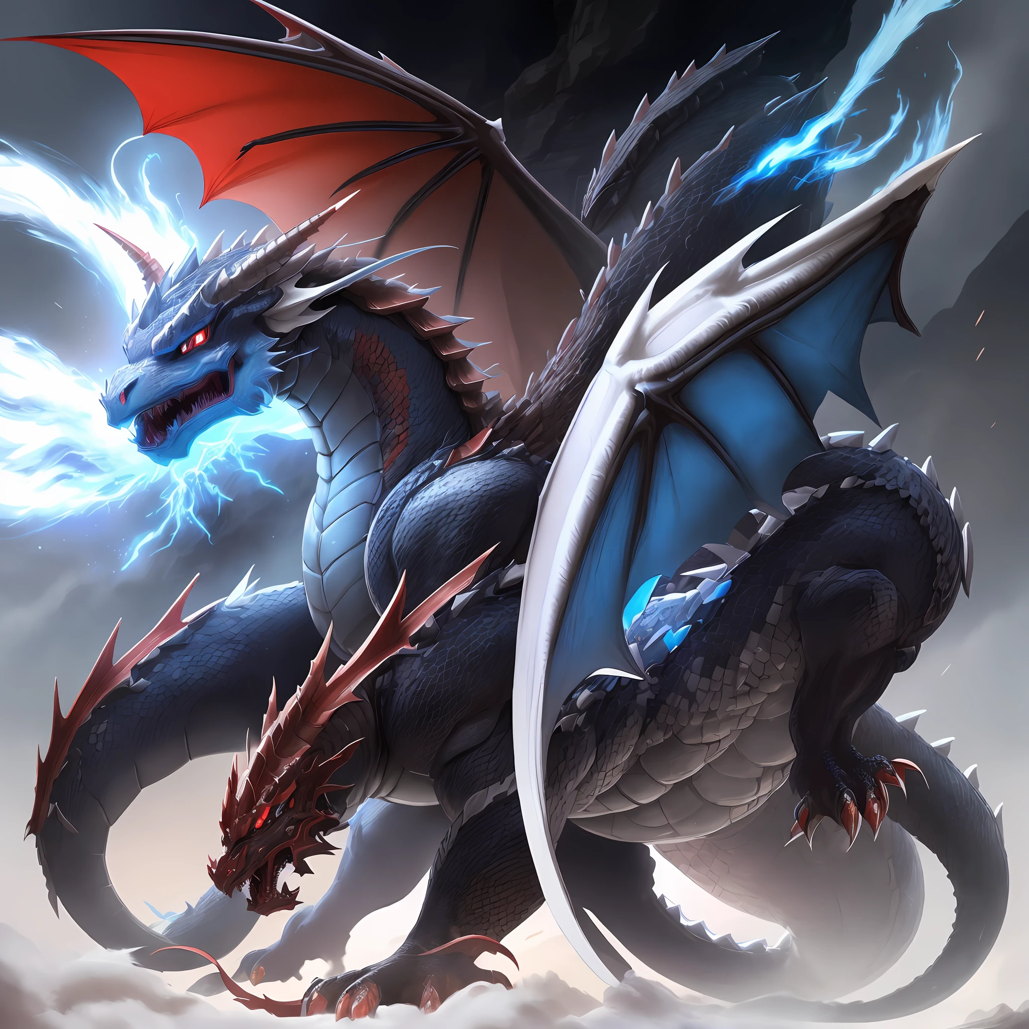 pokemon red and white dragon with blue eyes and a black tail, concept art by Kanbun Master, pixiv, shin hanga, cyborg dragon portrait, draconic, colossal dragon as background, drachenlord, dra the dragon, dragon vore art, human and dragon fusion, a baddass dragon, colossal dragon in background, giant dragon resting in a cave