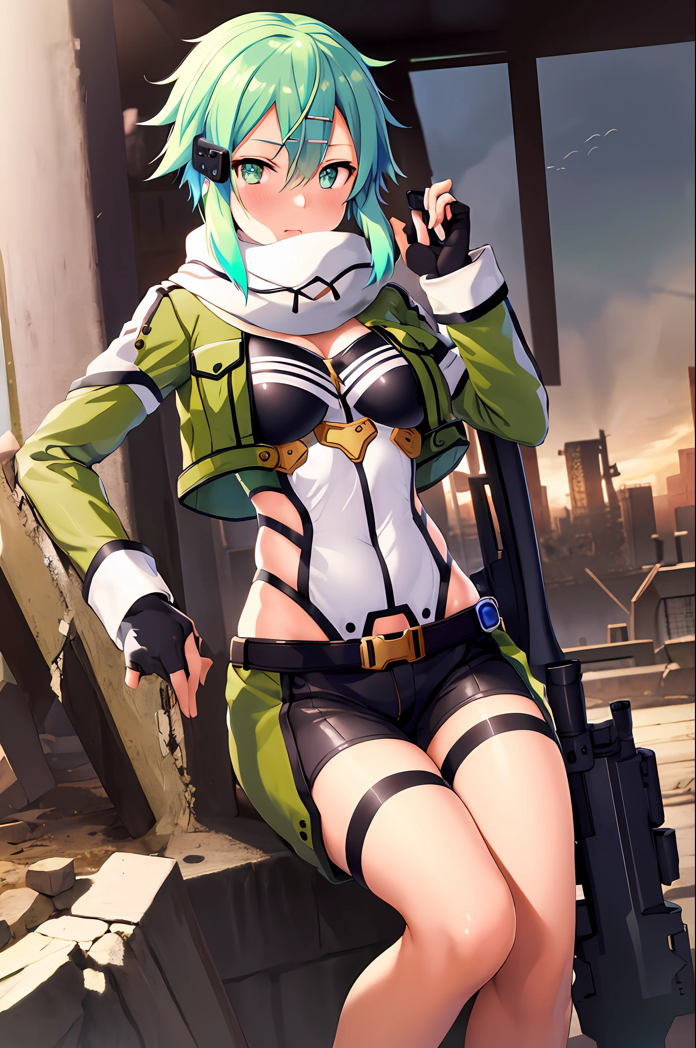 masterpiece, best quality, high resolution, 1girl, sinon1, scarf, fingerless gloves, long sleeves, short shorts, hair ornament, hair clip, green socks, green jacket, thigh strap, cowboy shot, holding gun , sniper rifle, ruins, sitting, hand holding boobs, huge boobs, embarrassed