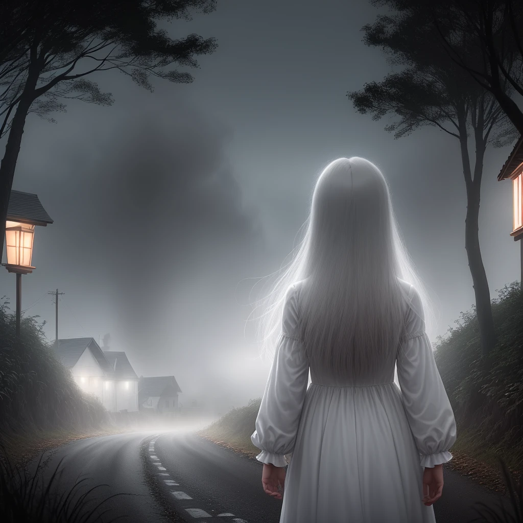 Dark night, horror, supernatural events, back view of woman in white clothes, small road, surrounded by villages, light fog, a little distance, long hair