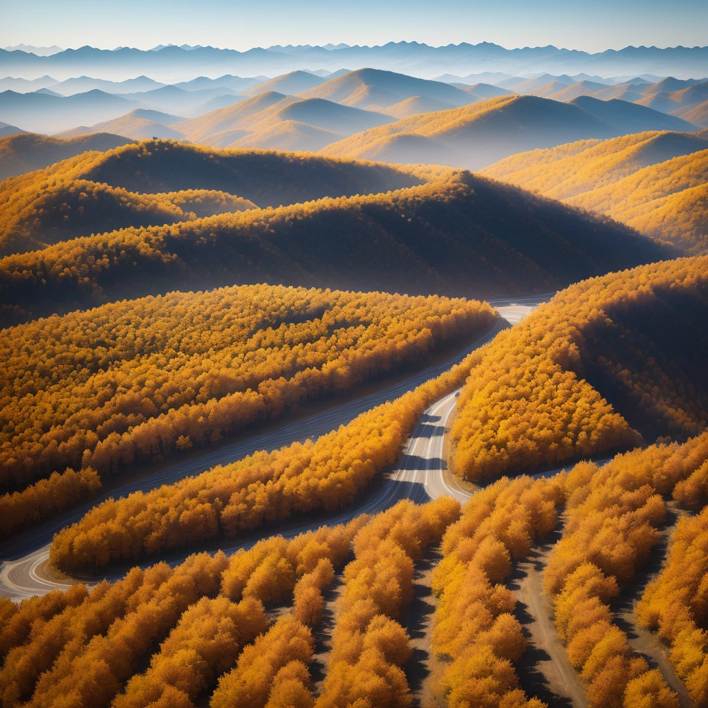 Autumn in Northeast China, late autumn, a hilly area, large cornfields, yellow corn, dark blue sky, bleak wind, not too high mountain scenery in the distance, there is a road stretching far in front of the field of vision Mountain