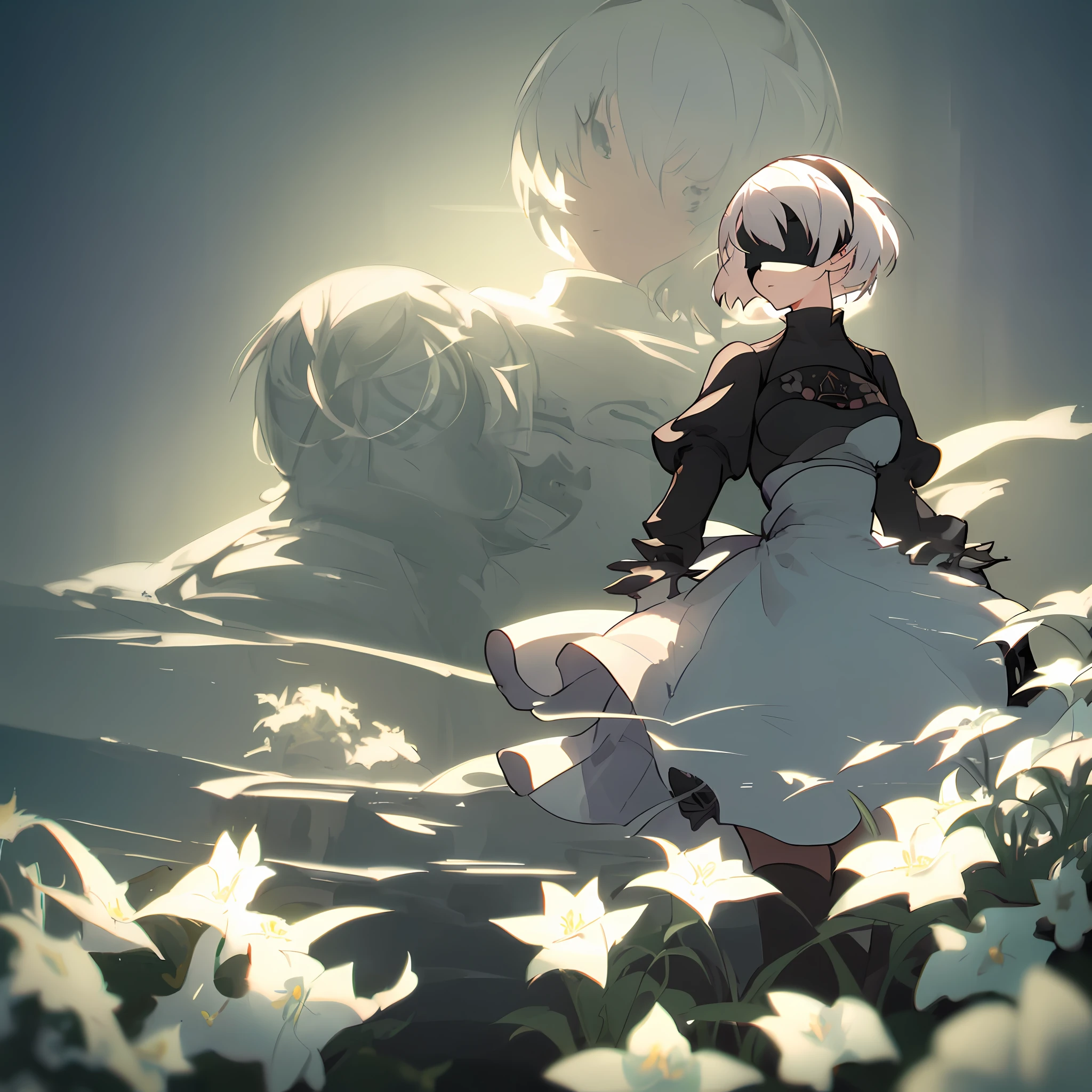 Anime girl,art by makoto shikai,close up shot,wearing a black blindfold,((white hair)), beautiful, ((Masterpiece:1.2)), surrounded by flowers,solo,1girl,(((2B))),(nier automata),wearing black dress, absolutely stunning art, highest quality digital art, rtx, ray tracing,8k,64k, HD, unparalleled masterpiece, dynamic lighting, cinematic, epic