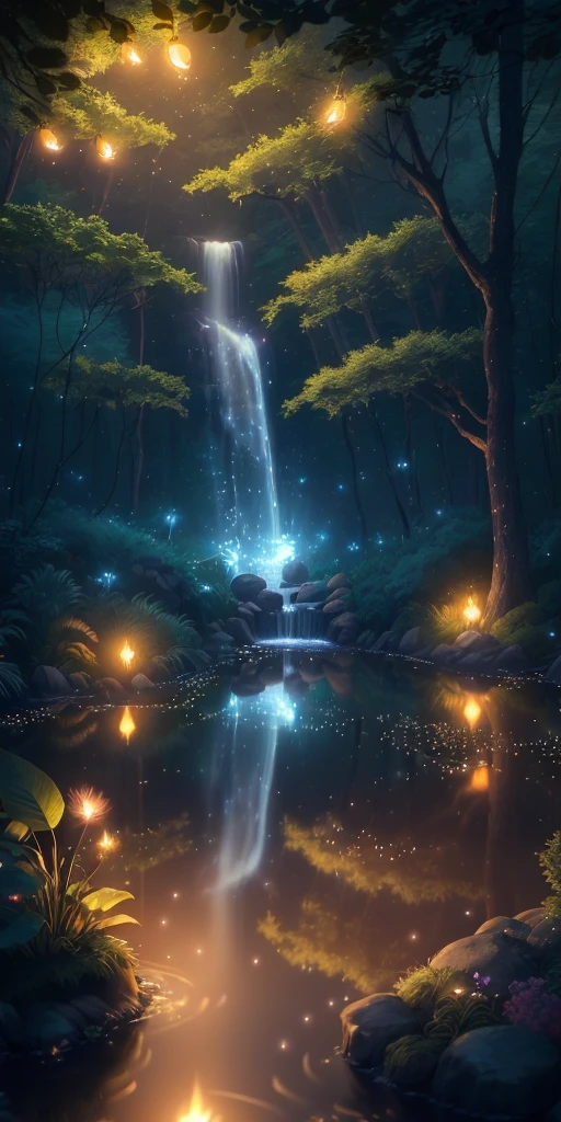 Masterpiece, best quality, (very detailed CG unity 8k wallpaper), (best quality), (best illustration), (best shadows), glow sprite, with a glowing deer, in the swimming pool Drinking water, natural elements in the forest theme. Mysterious forest, beautiful forest, nature, surrounded by flowers, delicate leaves and branches surrounded by fireflies (natural elements), (jungle theme), (leaves), (twigs), (fireflies), (particle effects) etc. 3D , Octane rendering, ray tracing, super detailed