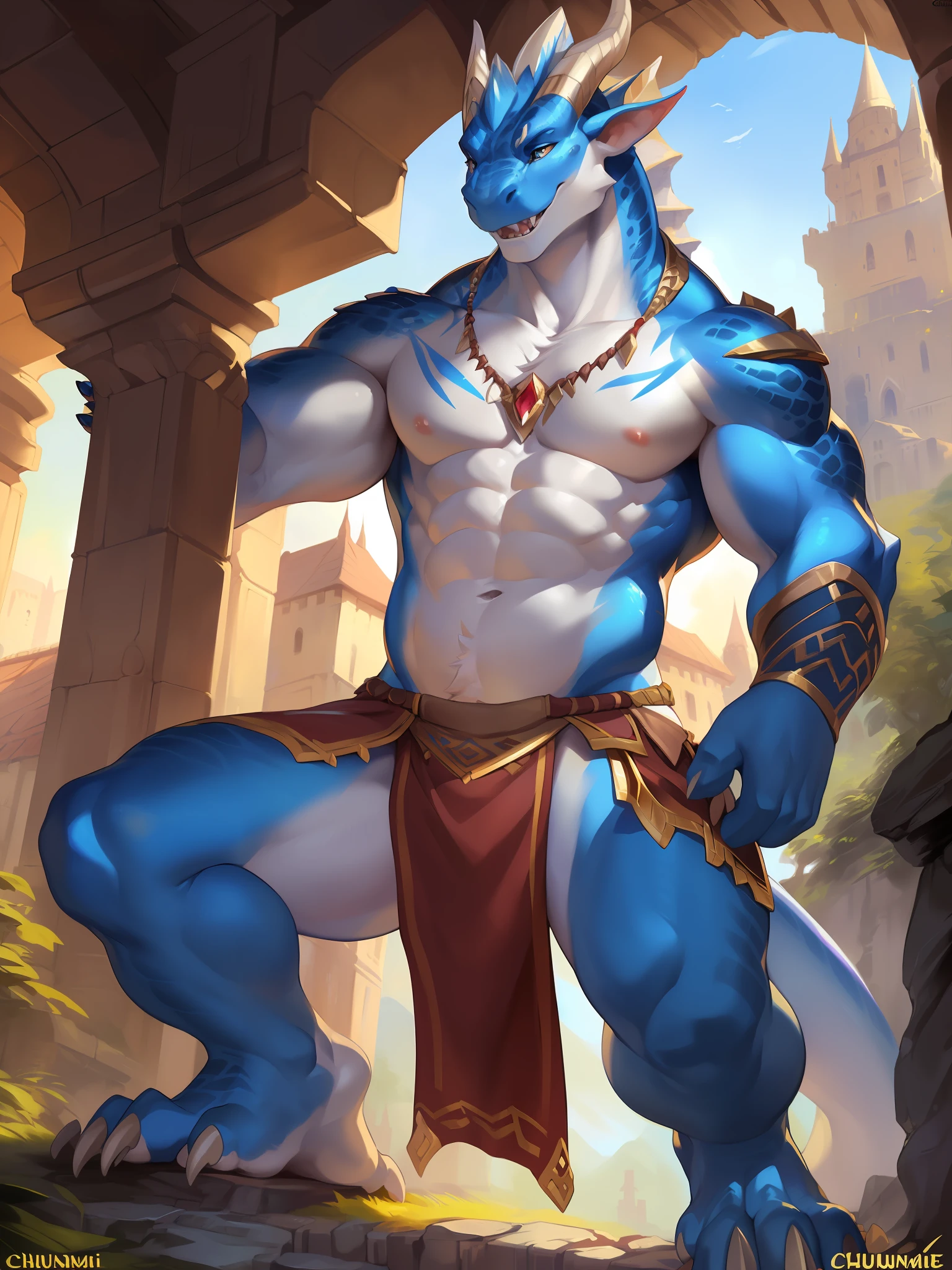 uploaded on e621, (male anthro dragon), standing, solo, muscle, detailed scale texture, old castle, (battlefield), (tribal clothing, ((long loincloth))), (shoulder armor, leg armor), blue body, white belly, dawn, shaded, dim environment, (art by chunie, (drakgem), ((rakisha)), (kontanagamori)), (front view), looking pleasured, [detailed background], detailed pupils, masterpiece artwork, caustics, rim lighting, single light source, sharp shadows, solo portrait, (digitgrade, toe claw), (kemono), by inessa garmash, greg rutkowski, pino daeni, ruan jia