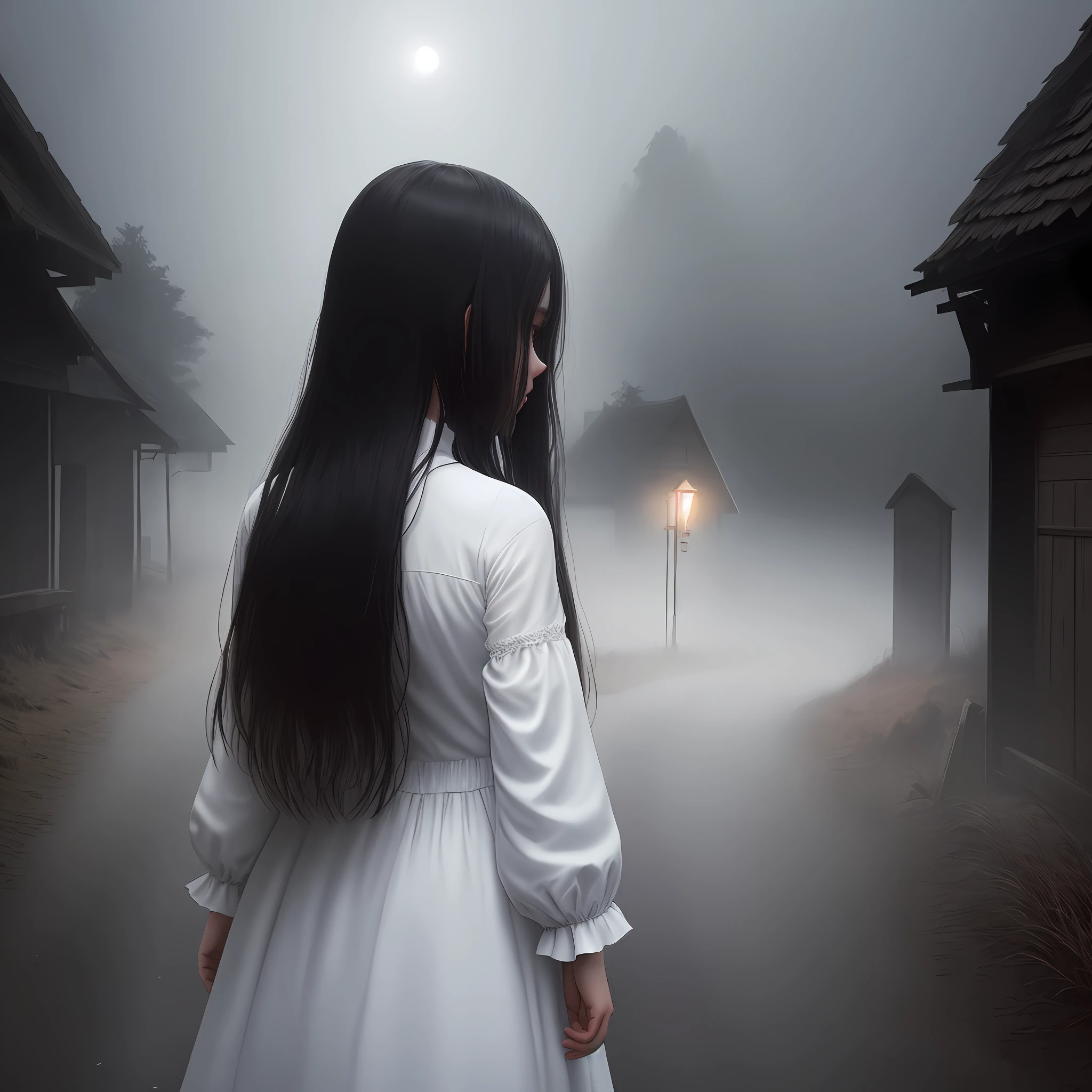 Dark night, horror, supernatural events, back view of woman in white clothes, small road, surrounded by villages, light fog, a little distance, long hair