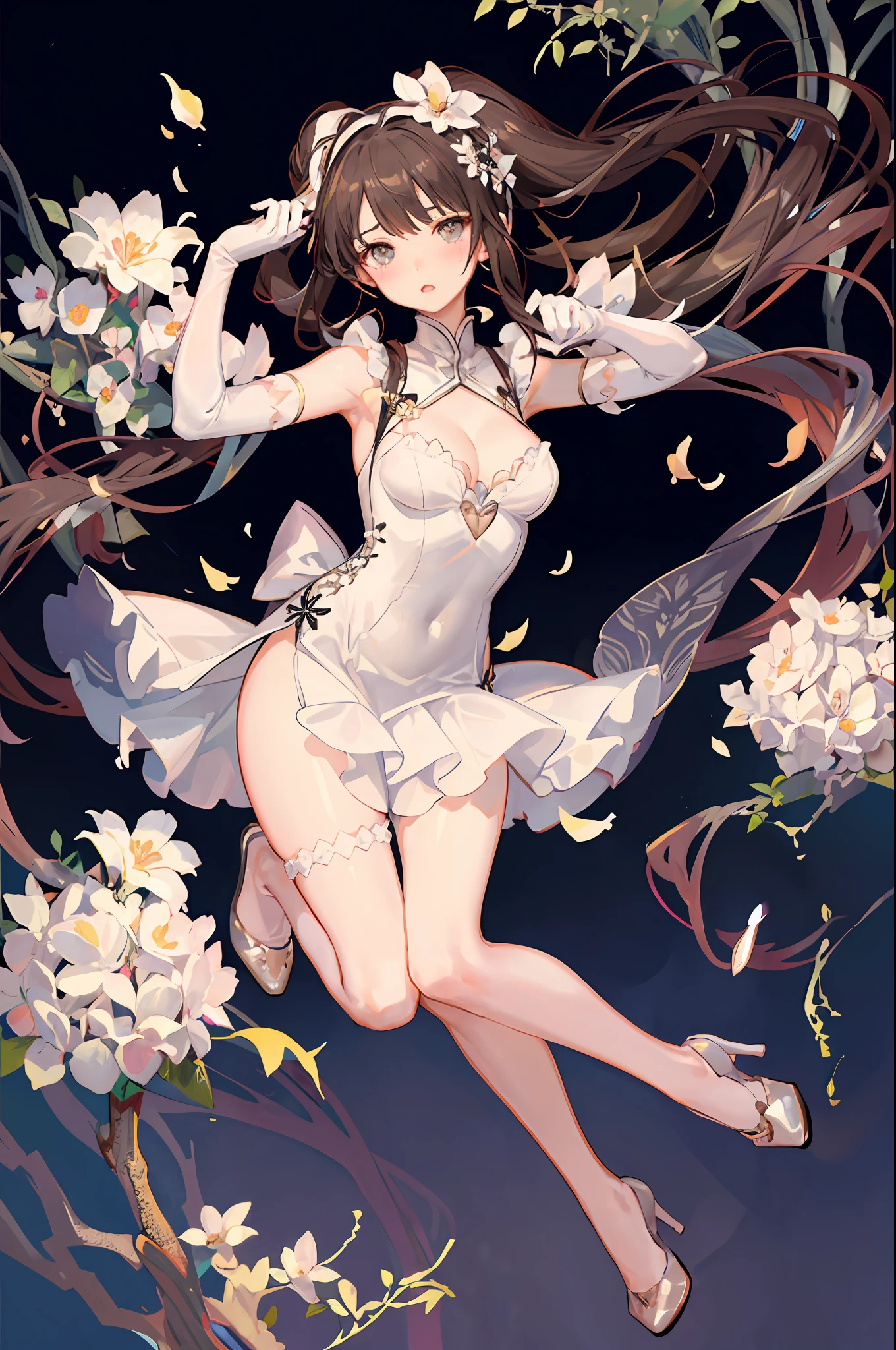 tony taka, 1girl, bangs, white gloves, brunette, blush, breasts, china dress, gown, cleavage, cleavage cutout, shut up, clothes cutout, dress, elbow gloves, eyebrows, floral background, print, flower, frills, gloves, gray eyes, hair accessory, high heels, long hair, looking at viewer, mid breasts, no panties, shiny skin, short skirt, simple background, sleeveless, solo, thigh suspenders