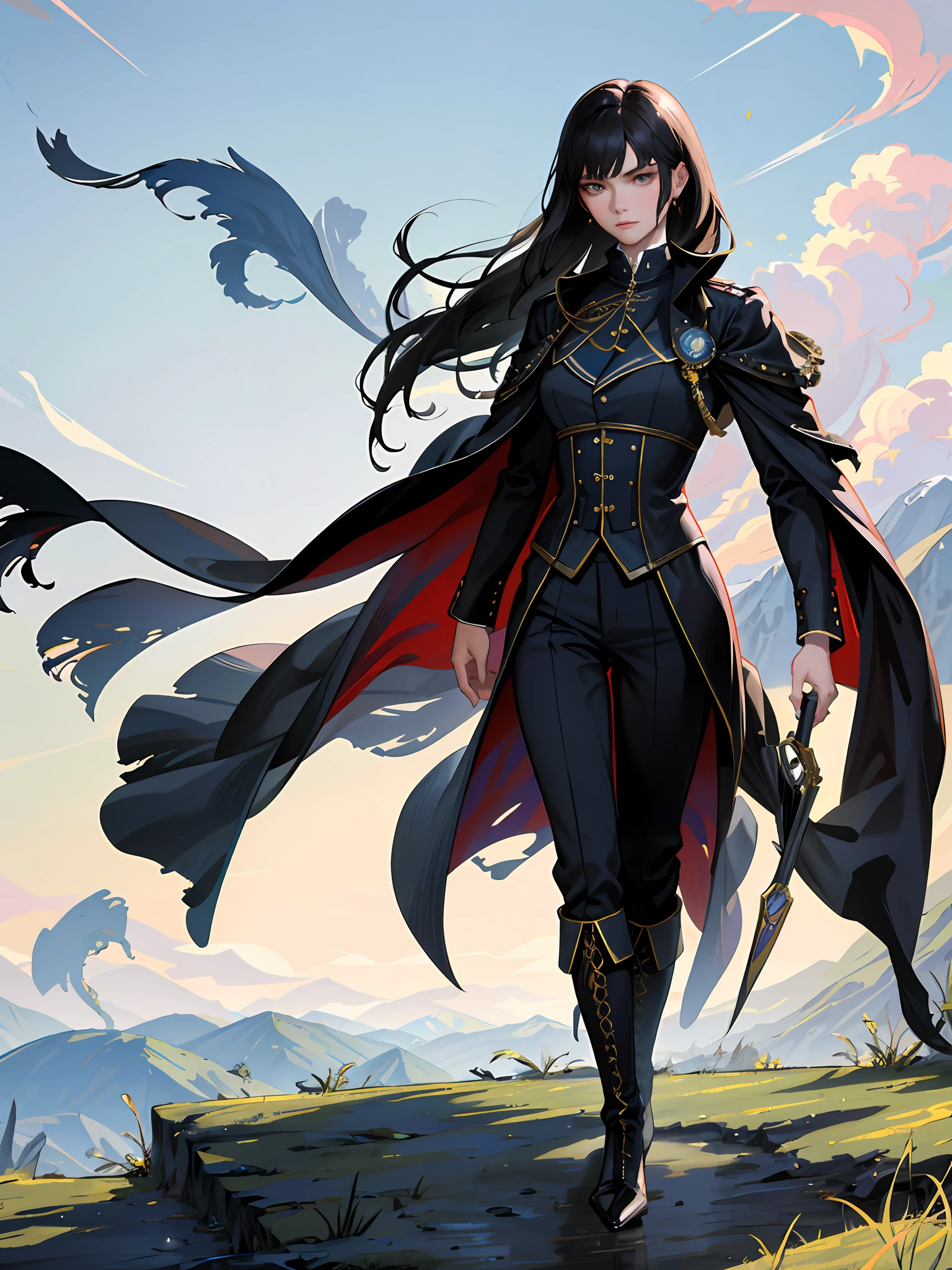(highest resolution, distinct_image) superb, masterpiece, high detail, semi-realistic, Dishonored 2, a very beautiful woman, solo, normal handsome standing, black long hair, 18 years old, young, tall and strong, white blue military uniform , military boots, military uniform, military school, confident, serious, cold, proud, standing on a cliff, overlooking
