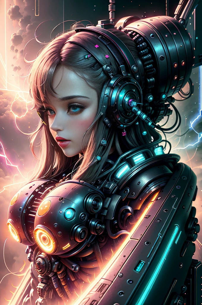 (Masterpiece, Top Quality, Best Quality, Official Art, Beauty and Aesthetic: 1.2), (1 Girl), Mecha, Future, Technology, Light, Cyberpunk City, Entanglement, Upper Body, Extremely Detailed, (Fractal Art: 1.3), colorful and most detailed