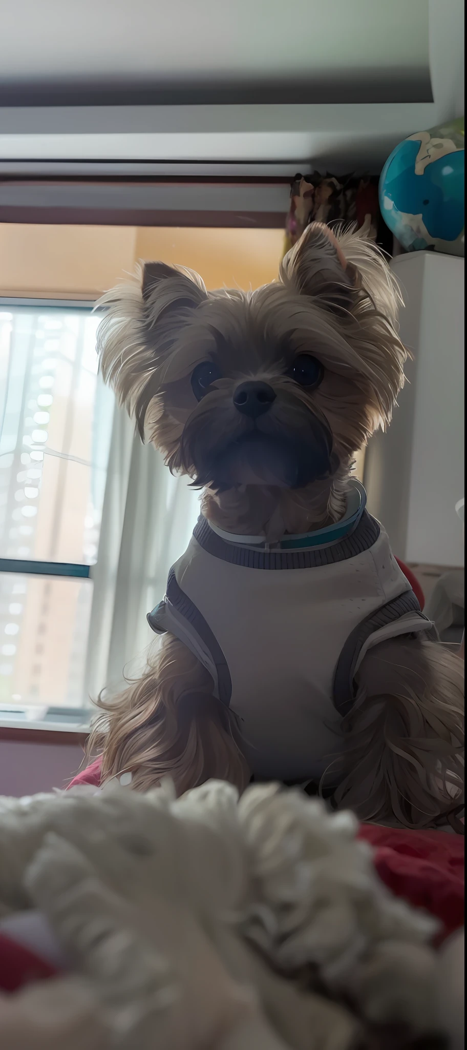 there is a small dog sitting on a bed with a blanket, looking straight to the camera, she is facing the camera, yorkshire terrier, zoomed out shot, looking away from the camera, looking straight to camera, looking heckin cool and stylish, looking to the camera, looking away from camera, doing a majestic pose, front facing the camera