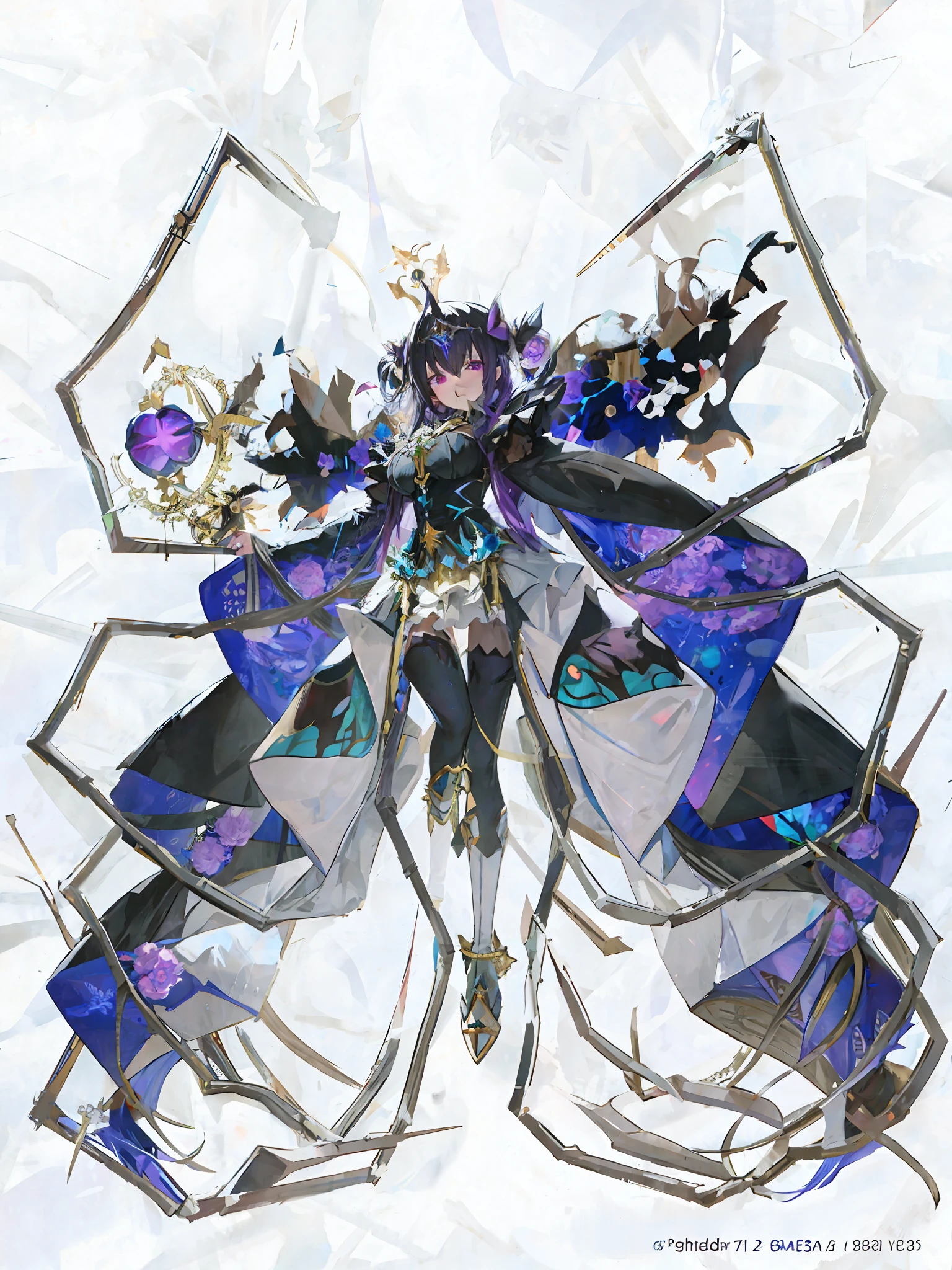 anime character with a butterfly like body and wings with a purple and blue design, albedo from the anime overlord, ornate supreme demon overlord, dark goddess with six arms, official character art, albedo from overlord, prince crown of black gears, → ⃣ spectrum darkness prime, fate grand order, full portrait of elementalist, dapper dream demon