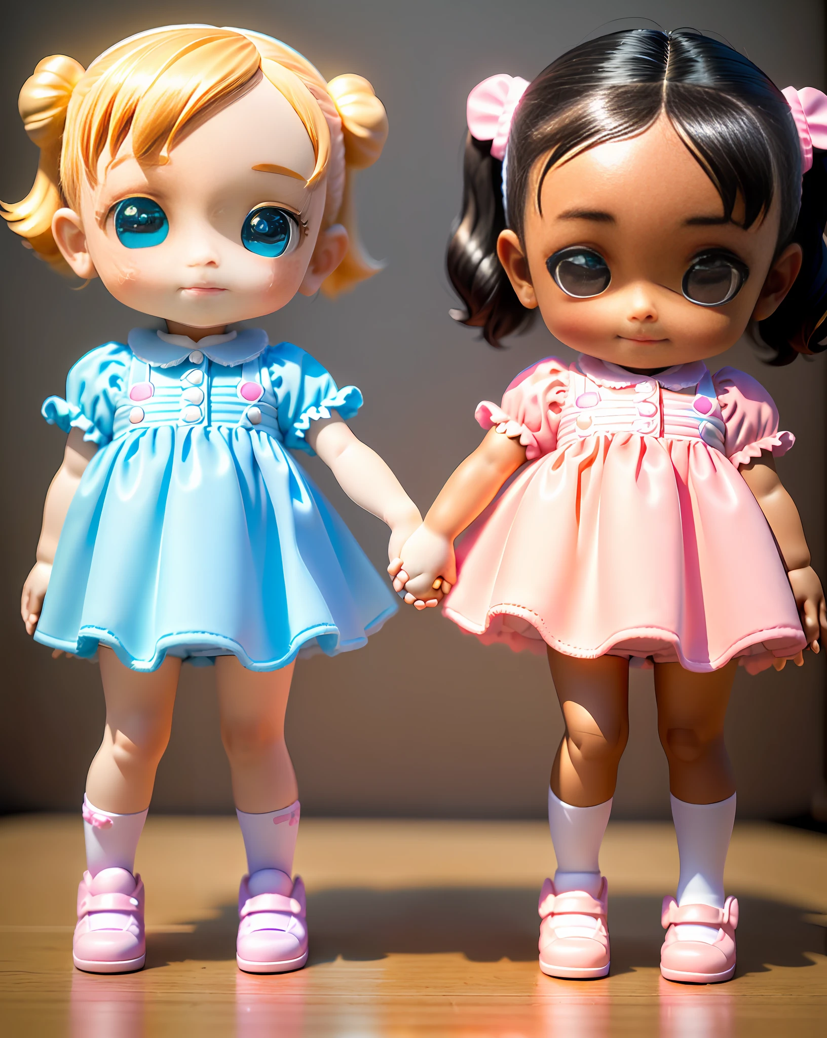 ((best quality)),((ultradetailed)),((masterpiece)), The 3D full body art of two super cute sisters holding hands, one year old and the other four year old, pretty eyes , big eyes, cute, happy, c4d, pop Matt Blind Box, rainbow, toys, solid white color background, chibi, fluorescent translucent, glowing body, kawaii, doll, T pose, reference sheet, pop mart blind box , Pixar, intricate detail, 3d rendering, blender, OC renderer, foll body reference sheet, dribble, high detail, studio lighting, loli, petite, child, chibi , character SD:1.1, resolution: 8K.