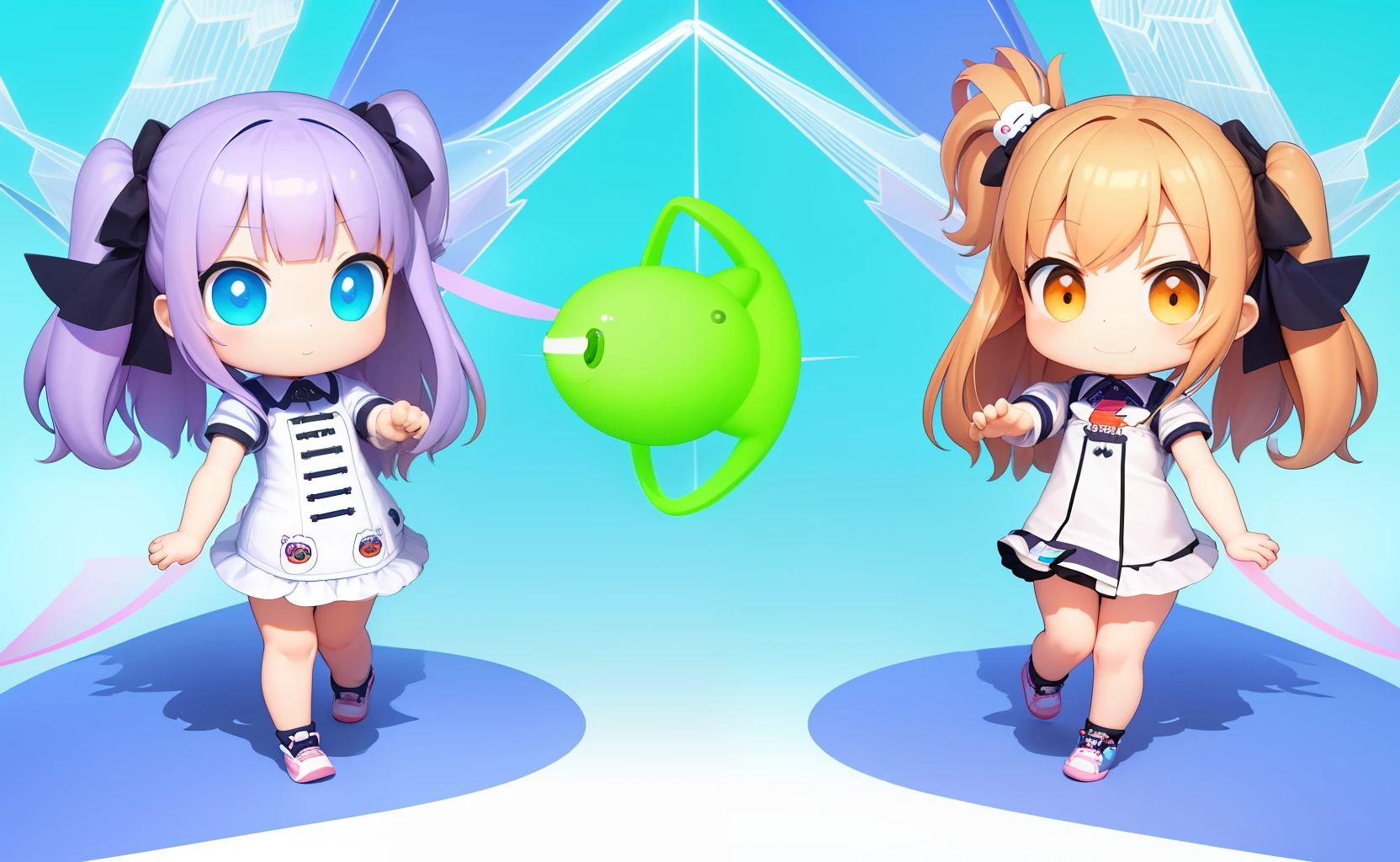 ((best quality)), ((ultradetailed)), ((masterpiece)), The 3D full body art of two super cute sisters, pretty eyes, big eyes, cute, happy, c4d, pop Matt Blind Box, rainbow, new sneakers, white background, chibi, fluorescent translucent, glowing body, kawaii, doll, T holding hands pose, reference sheet, pop mart blind box, Pixar, intricate details, symmetrical anatomy bodies, rendering 3d, blender, OC renderer, foll body reference sheet, dribble, high details, studio lighting, loli, petite, child, chibi , character SD:1.1, resolution: 8K.
