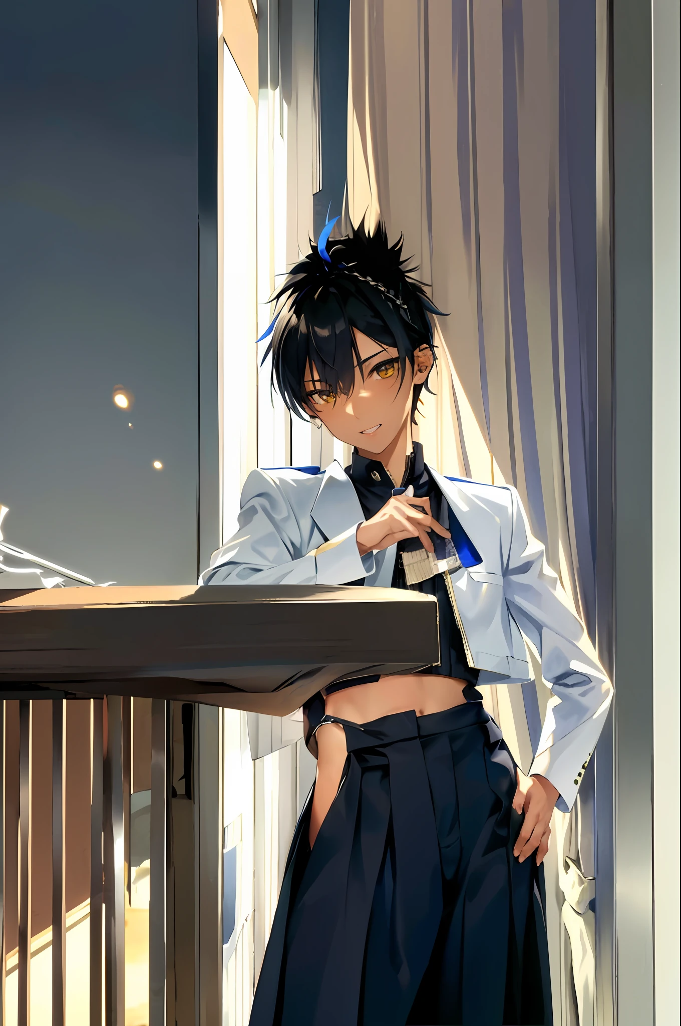 Solo, Highest quality, Masterpiece, Dynamic, Highly detailed CG, Highly detailed 8K wallpaper, Bird&#39;s eye view, Highly detailed character, Standing still, Looking at viewer, Front facing (very detailed and beautiful portrait), Small chest, beautiful line, Japanese high school uniform, collared jacket, embarrassment, front button, black slacks, zipper open, underwear shift, see-through bra, portrait, solo, clear focus, (((soft mohawk)) , dark-skinned tomboy, butler, white teeth with cigar, navel piercing, tattoo under eye, short hair, yellow eyes, detailed close-up portrait, background is park, detailed trees, blue sky
