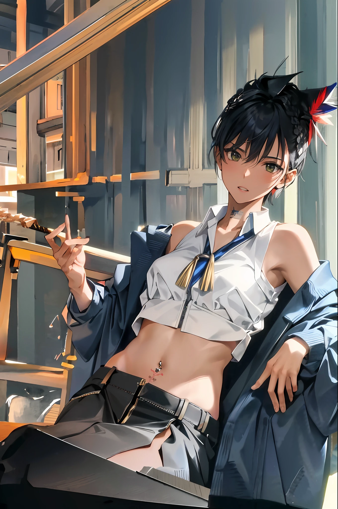 Solo, Highest quality, Masterpiece, Dynamic, Highly detailed CG, Highly detailed 8K wallpaper, Bird's eye view, Highly detailed character, Standing still, Looking at viewer, Front facing (very detailed and beautiful portrait), Small chest, beautiful line, Japanese high school uniform, collared jacket, embarrassment, front button, black slacks, zipper open, underwear shift, see-through bra, portrait, solo, clear focus, (((soft mohawk)) , dark-skinned tomboy, butler, white teeth with cigar, navel piercing, tattoo under eye, short hair, yellow eyes, detailed close-up portrait, background is park, detailed trees, blue sky