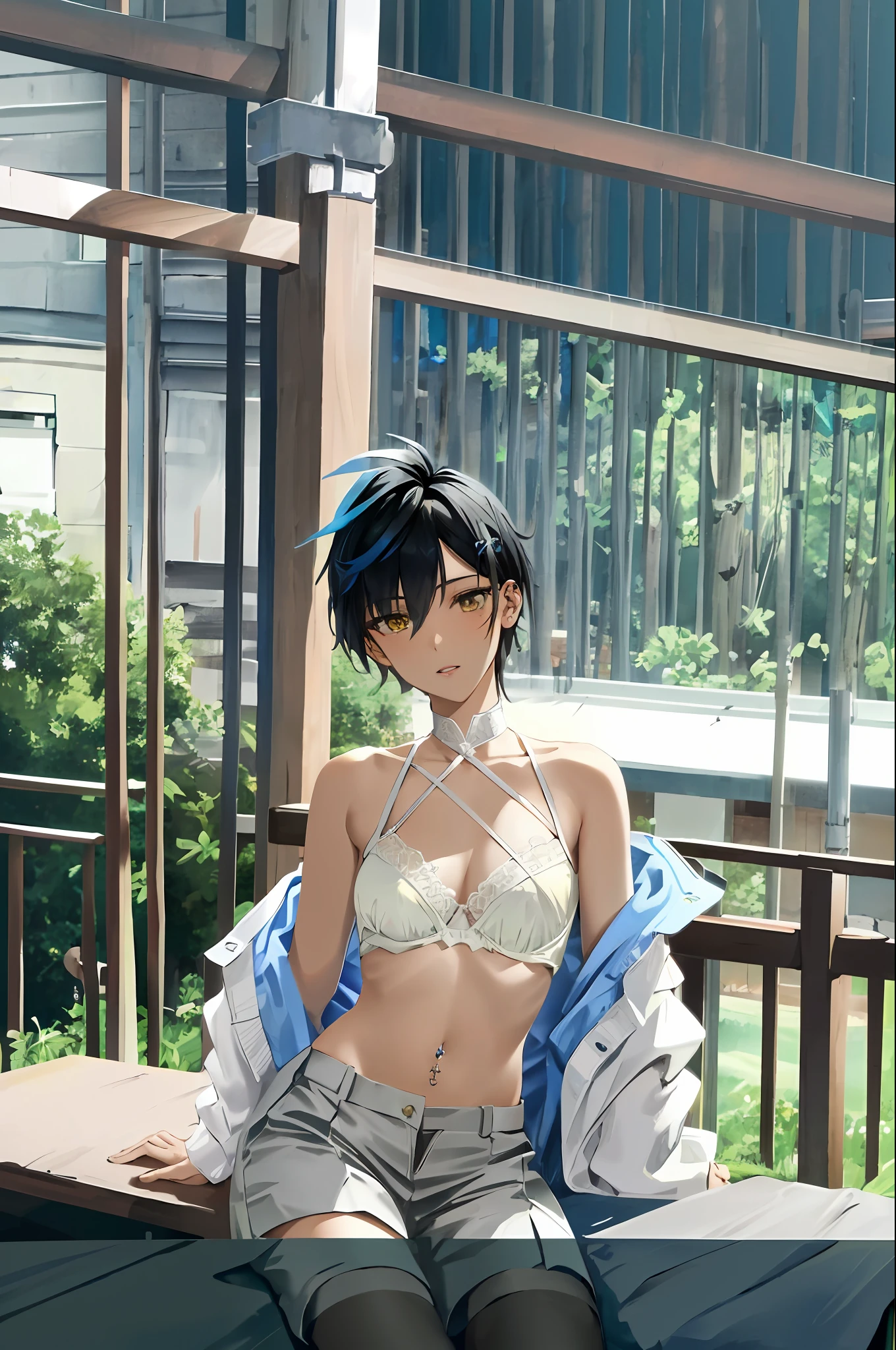 Solo, Highest quality, Masterpiece, Dynamic, Highly detailed CG, Highly detailed 8K wallpaper, Bird's eye view, Highly detailed character, Standing still, Looking at viewer, Front facing (very detailed and beautiful portrait), Small chest, beautiful line, Japanese high school uniform, collared jacket, embarrassment, front button, black slacks, zipper open, underwear shift, see-through bra, portrait, solo, clear focus, (((soft mohawk)) , dark-skinned tomboy, butler, white teeth with cigar, navel piercing, tattoo under eye, short hair, yellow eyes, detailed close-up portrait, background is park, detailed trees, blue sky