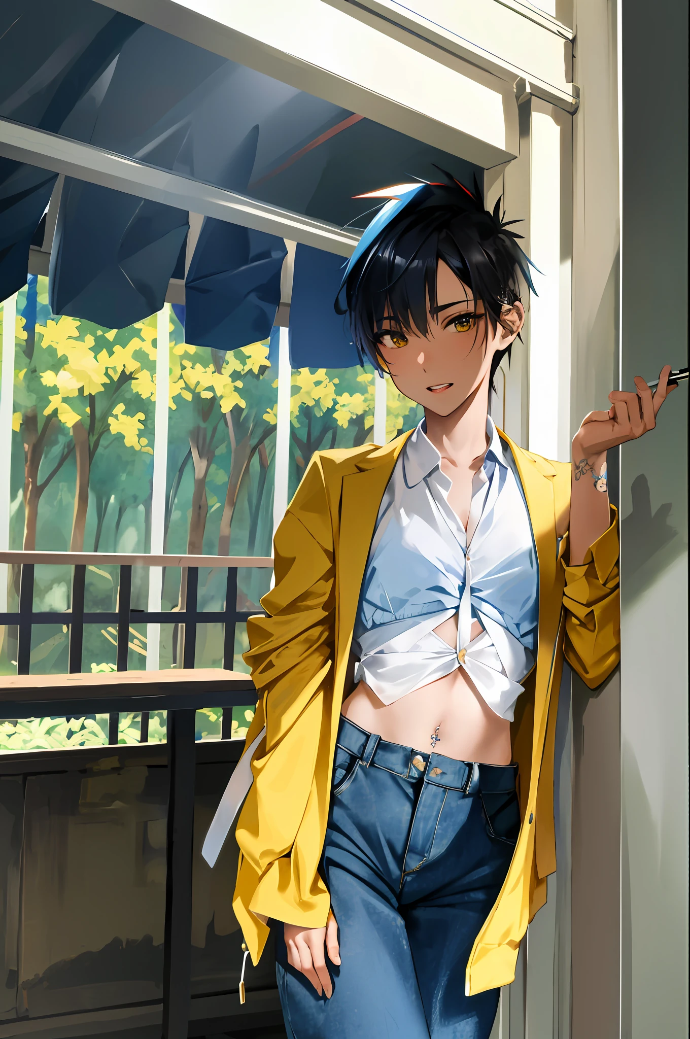 Solo, Highest quality, Masterpiece, Dynamic, Highly detailed CG, Highly detailed 8K wallpaper, Bird's eye view, Highly detailed character, Standing still, Looking at viewer, Front facing (very detailed and beautiful portrait), Small chest, beautiful line, Japanese high school uniform, collared jacket, embarrassment, front on, black slacks, zipper open, underwear shift, see-through bra, portrait, solo, clear focus, (((soft mohawk)) , dark-skinned tomboy, butler, white teeth with cigar, navel piercing, tattoo under eye, short hair, yellow eyes, detailed close-up portrait, background is park, detailed trees, blue sky