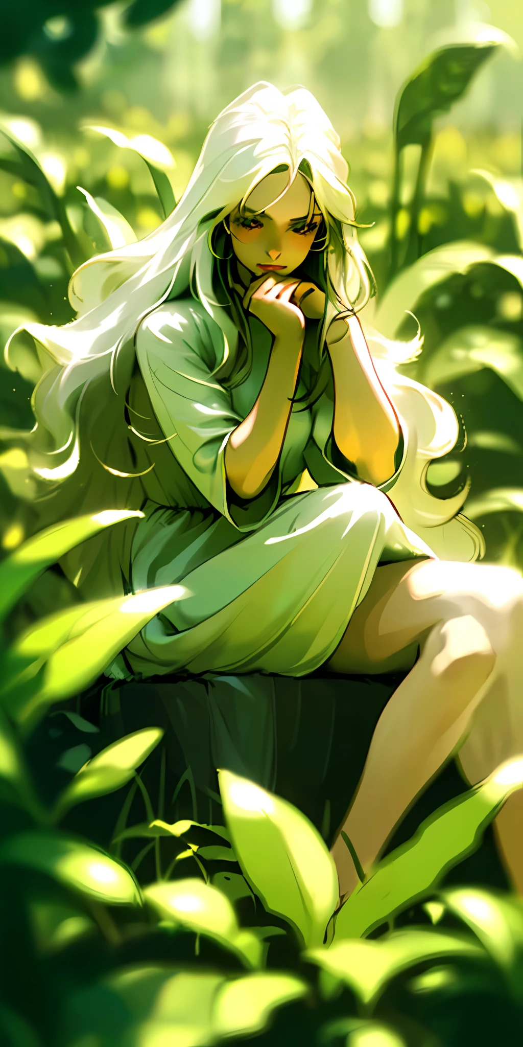 (masterpiece, best quality),1girl with long white hair sitting in a field of green plants and flowers, her hand under her chin, warm lighting, white dress, blurry foreground