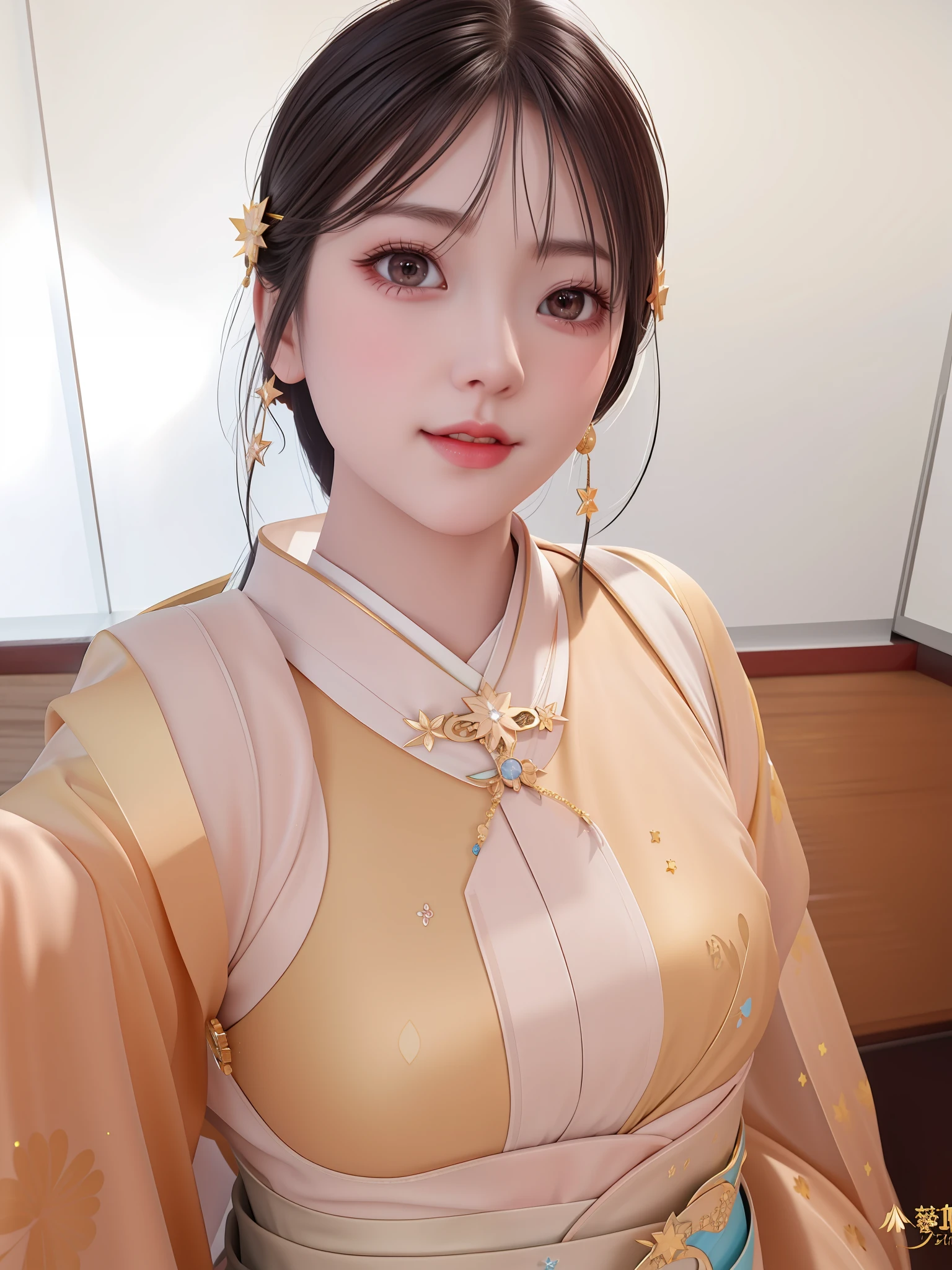 best quality, masterpiece, highres, 1girl,blush,(seductive smile:0.8),star-shaped pupils,china hanfu,hair ornament,necklace, jewelry,Beautiful face,upon_body, tyndall effect,photorealistic, dark studio, rim lighting, two tone lighting,(high detailed skin:1.2), 8k uhd, dslr, soft lighting, high quality, volumetric lighting, candid, Photograph, high resolution, 4k, 8k, Bokeh