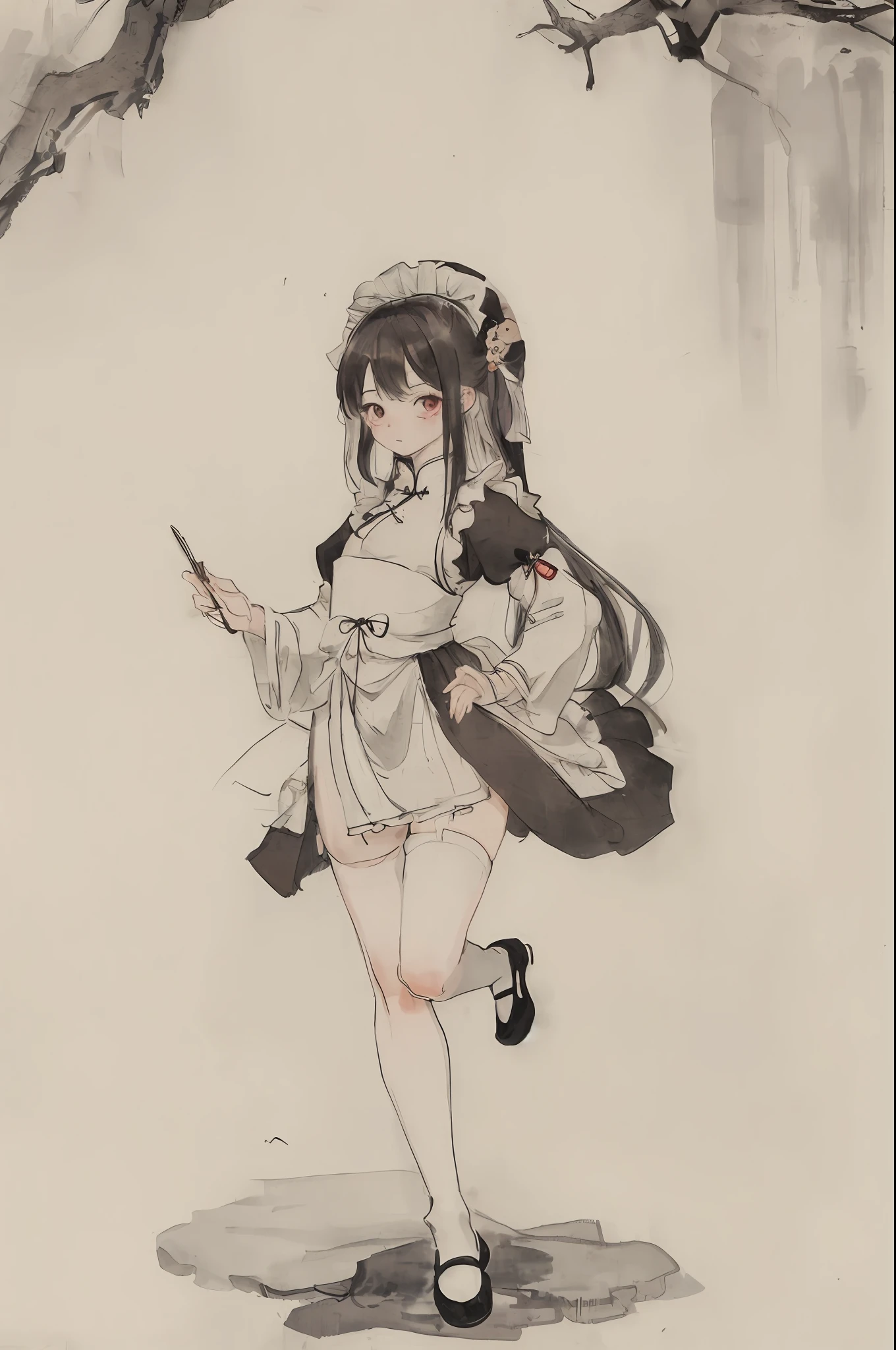 (masterpiece, best quality: 1.2), traditional Chinese ink painting, loli, white stocking, maid dress