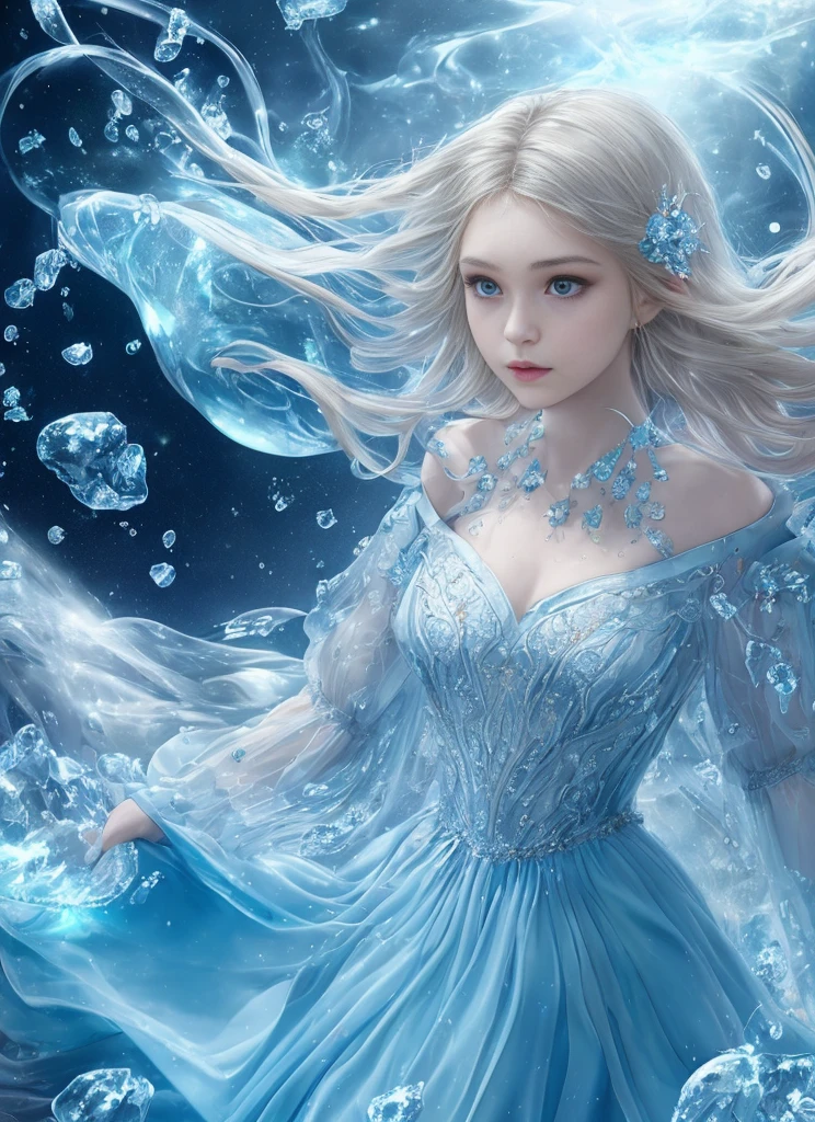 Masterpiece, Top Quality, Best, Official Art, Beautiful and Aesthetic, Long Exposure: 1.2) Smooth Movement, Fascinating Patterns, 1 Girl, (No Cleavage: 1.4) (Long Dress with Sleeves: 1.3) Blue Long Dress (small breasts: 12) bare shoulders, underage Russian woman, freckles, hair solo, upper body, watcher, detailed background, detailed face, (crystallineAl, crystalline theme: 1.1), elemental water sprite, spinning water, control Water, diamond clothes floating particles, ethereal dynamics, water, vapor, ocean in the background, blue tones, coast, ethereal atmosphere