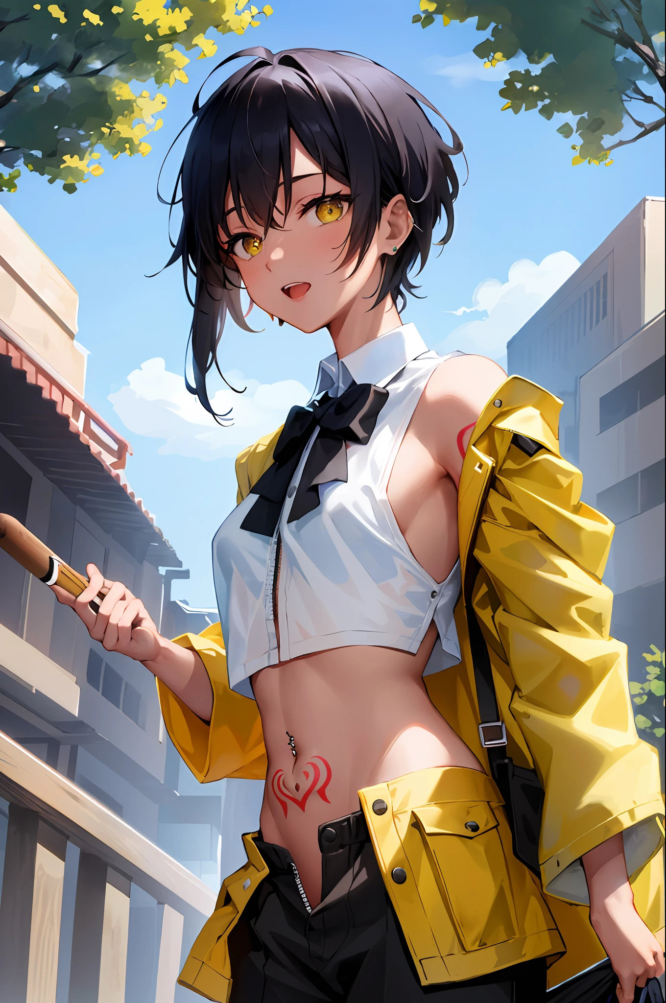 Solo, Highest quality, Masterpiece, Dynamic, Highly detailed CG, Highly detailed 8K wallpaper, Bird's eye view, Highly detailed character, Standing still, Looking at viewer, Front facing (very detailed and beautiful portrait), Small chest, beautiful line, Japanese high school uniform, collared jacket, embarrassment, front button, black slacks, zipper open, underwear shift, see-through bra, portrait, solo, clear focus, (((soft mohawk)) , dark-skinned tomboy, butler, white teeth with cigar, navel piercing, tattoo under eye, short hair, yellow eyes, detailed close-up portrait, background is park, detailed trees, blue sky