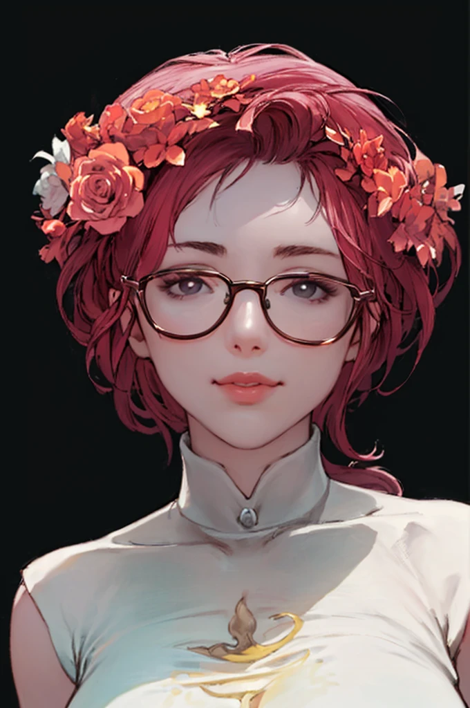 Detailed portrait of a beautiful young woman with half-rim glasses, (raw photo:1.2, masterpiece, superb, 8k resolution, best quality, finely detail, photorealistic: 1.2), ((perfect female body)) , Delicate face, smooth wine red short hair, detailed black eyes, red delicate thin lips, calm, light smile, (delicate high-detailed face: 1.2, high-detailed skin: 1.3, glossy skin: 0.8), sexy Yes, slim body, clavicle, bare shoulders, small bust, cleavage, (nipple:1.2), (cameltoe:1.5), (sleeveless round neck white T-shirt, see-through clothes), fashionable gold-rimmed glasses, (necklace: 1.6), front face, looking at the camera, portrait, realistic light, realistic shadow, film lighting, park, path, flowers, kiosk