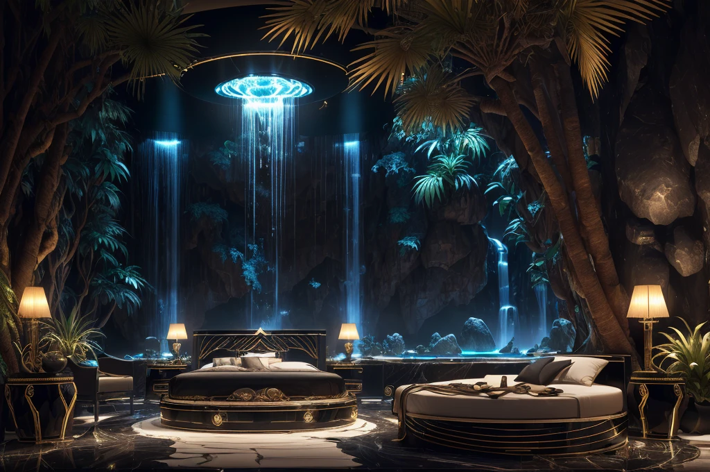 incredible black luxurious futuristic bedroom interior in Ancient Egyptian style with many ((lush plants)) (lotus flowers), ((palm trees)), rocky walls, (sand), ((waterfalls)) (marble), ((precious minerals)), ((metals)), (gemstones), crystals, clouds and ((water)), ((luxury furniture)), crocodiles, (hieroglyphics), (((ultra luxury))), (black marble) – with ((beautiful lights)), Unreal Engine, HQ, 16k