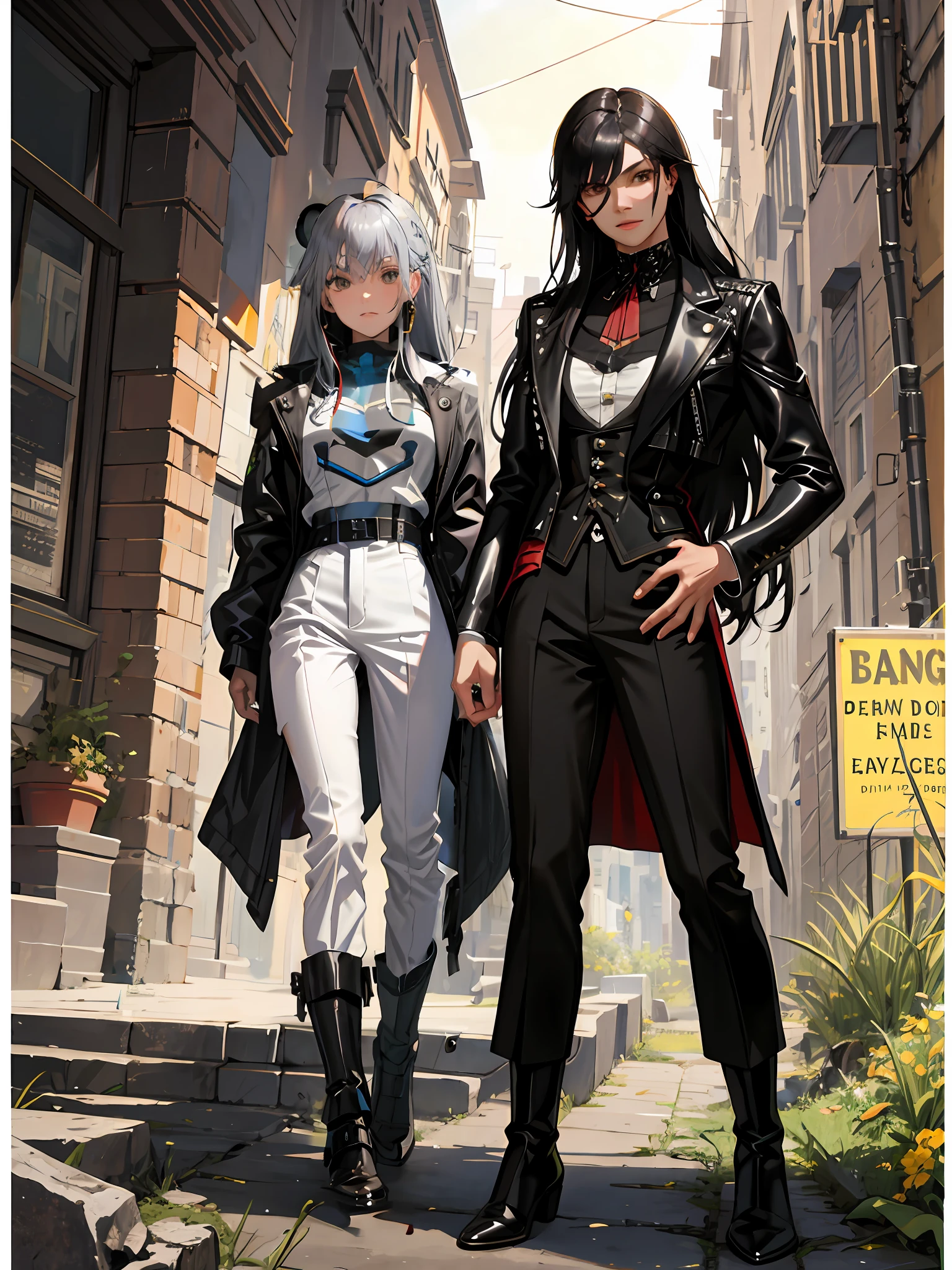 silver hair, black pants, trousers