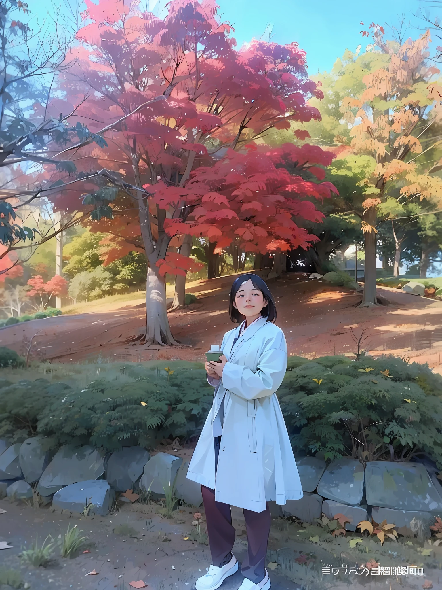 arafed woman standing in front of a tree with red leaves, during autumn, in autumn, with a tree in the background, in the autumn, in japanese garden, in fall, in karuizawa, standing in a botanical garden, by Nishida Shun'ei, in a park, profile picture, with a park in the background, autumn season