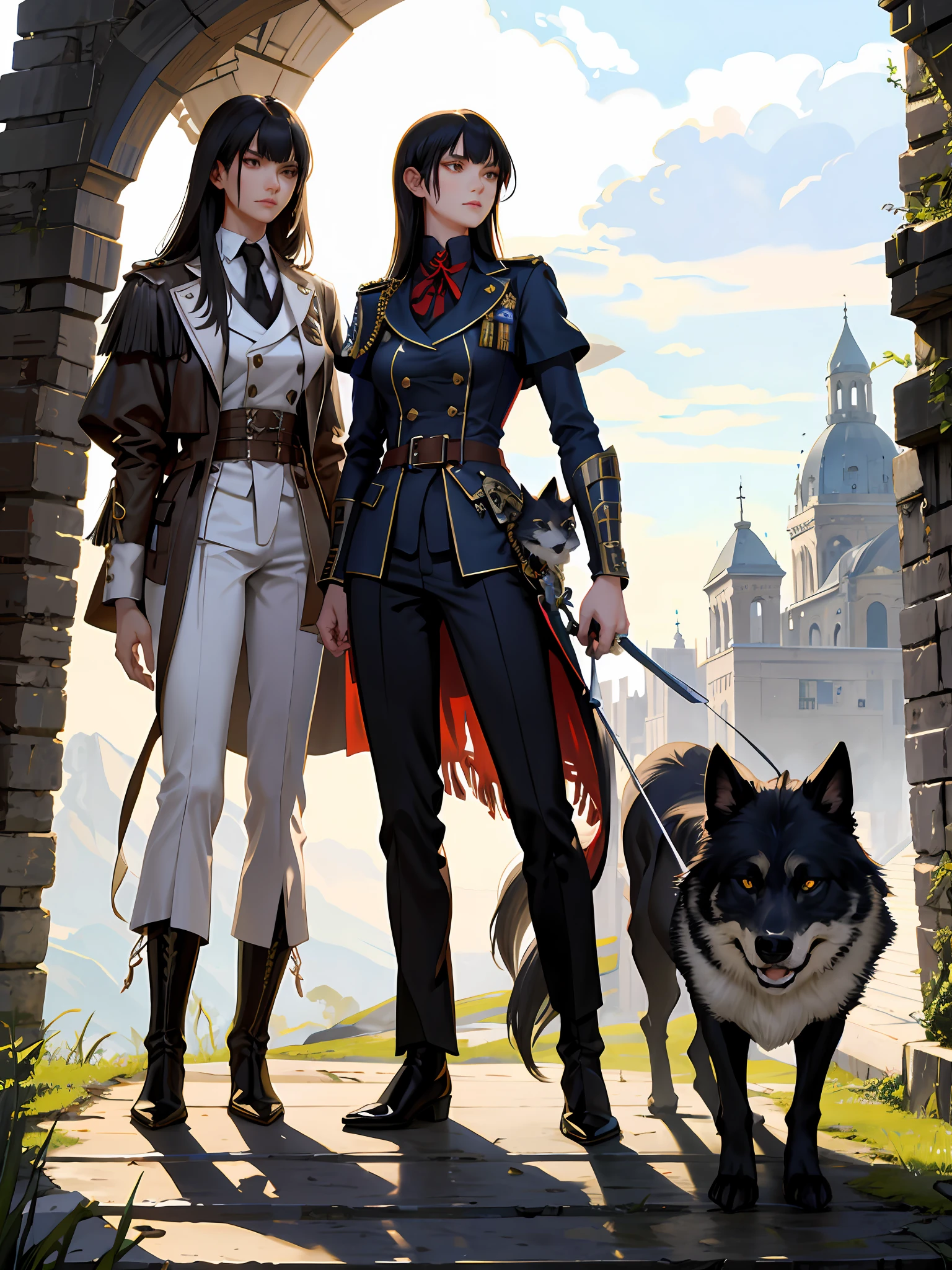 (highest resolution, distinct_image) superb, masterpiece, high detail, semi-realistic, Dishonored 2, a very beautiful woman, solo, normal handsome stance, long black hair, brown eyes, indifferent expression, 18 years old, young, tall Strong, white and red military uniform, trousers, military pants, military boots, military uniform, military school, confident, serious, aloof and arrogant, standing on the castle, holding a wolf dog, overlooking